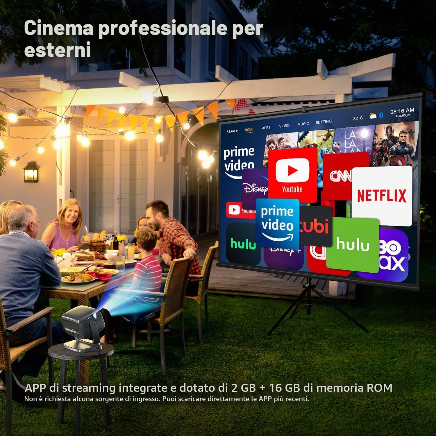4K Proiettore Portatile Home Cinema Proiettore TV 180° Rotabile Staffa WiFi 6 Bluetooth 5.2 4P&4D Correzione Trapezoidale Focus Elettrico Videoproiettore Compatibile con Smartphone/PC/HDMI/USB