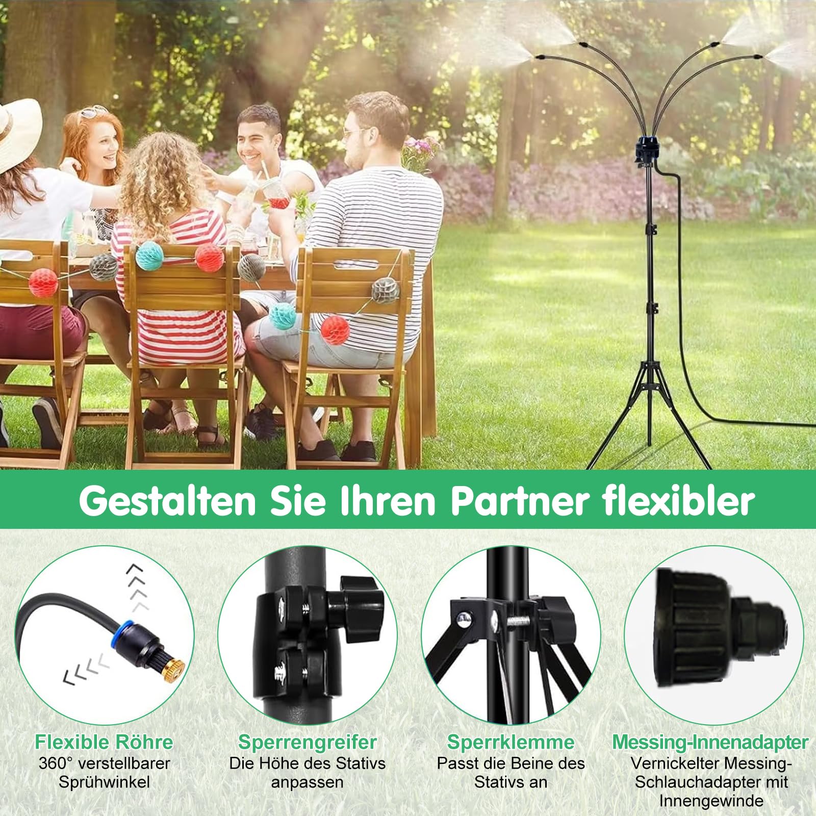 Stehend Sprühnebel Kühlung Bewässerungssystem, Einstellbare Höhe Tragbarer Dreieckiger Wassernebel mit 8m Schlauch, 360° Nebel Kühlsystem für Terrasse, Draußen, Pool, Garten, Sonnenstudio