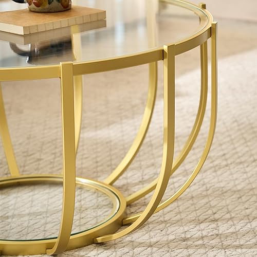 Miniatura 6 de Saint Mossi Mesa de centro redonda de vidrio para sala de estar, moderna mesa central de vidrio de 2 niveles, parte superior de vidrio transparente