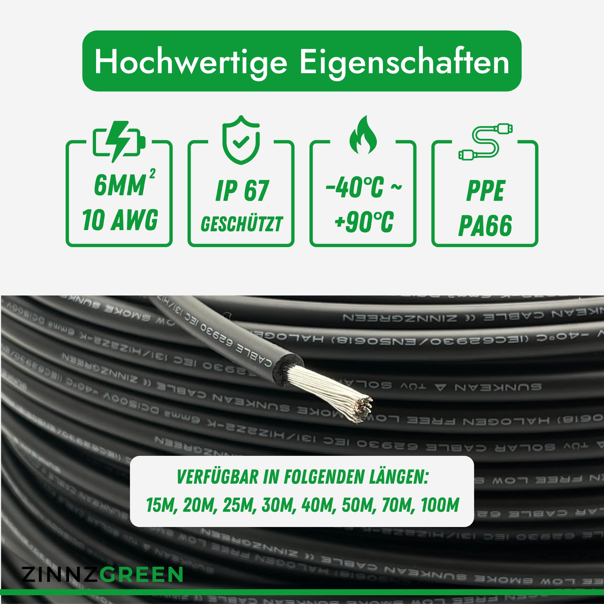 Solarleitung H1Z2Z2-K 6 mm² Solarkabel, Erdverlegbare, Einzelleitung, reines Kupferkabel, Photovoltaik, Halogenfrei, Doppelt isoliert, Schwarz, Rot, 15/20/25/30/40/50/70/100M 1500V