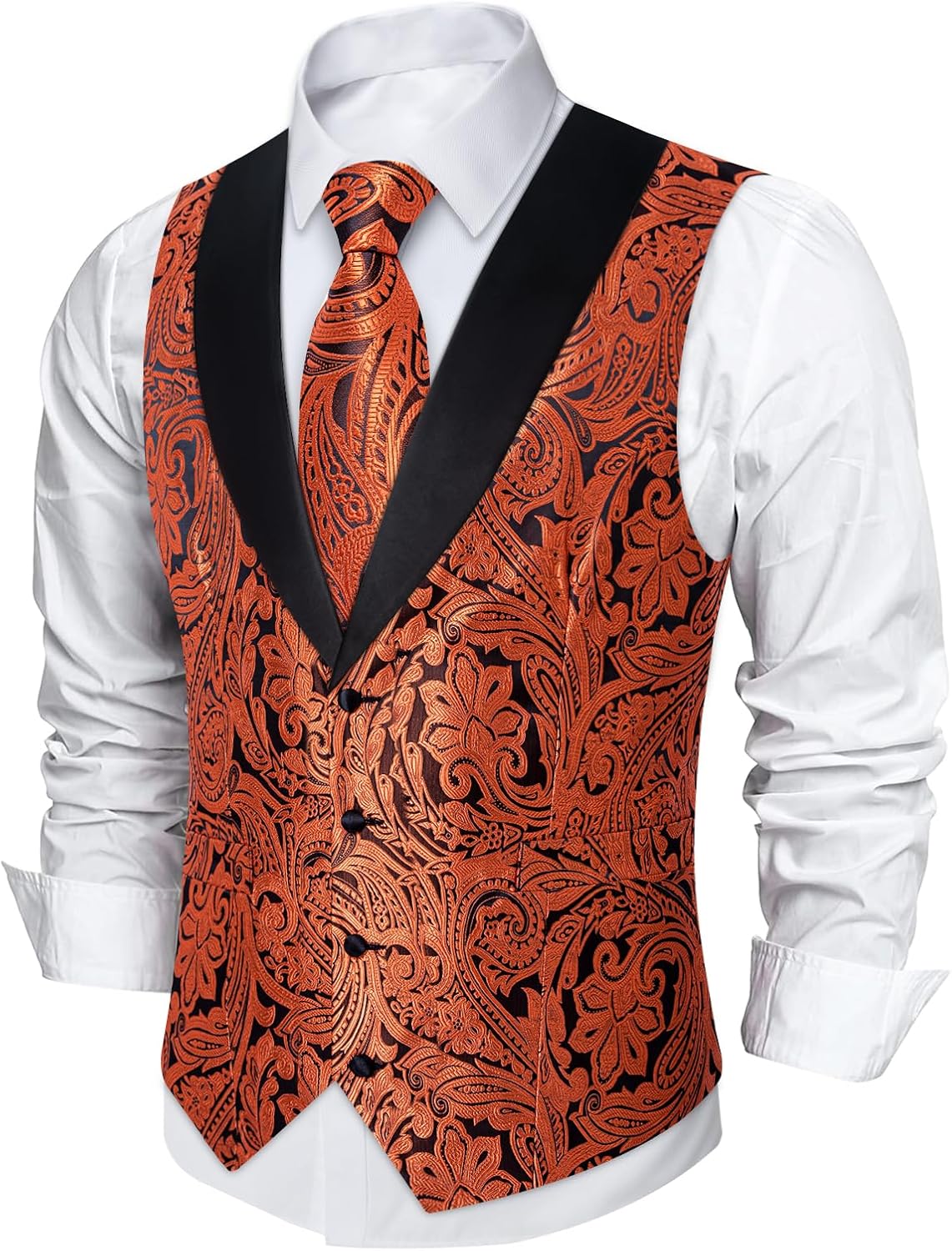 DiBanGu Mens Paisley Suit Vest Silk Jacquard Waistcoat and Necktie Set Formal Shawl Collar Dress Vest 7PCS for Wedding Party