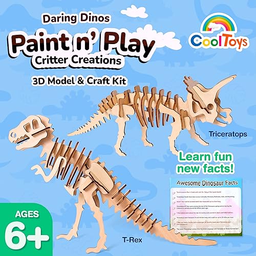 Vista 6 de CoolToys Daring Dinos Paint n' Play - Juego de rompecabezas de dinosaurios de madera 3D y kit de manualidades, juego educativo de construcción
