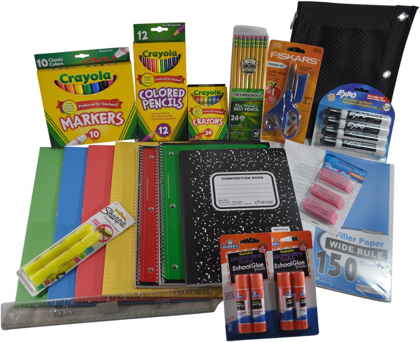 Crayola Back to School Bundle - Includes Colored Pencils, Markers, Crayons, Erasers, Pens, Scissors, Glue Sticks, Folders, Notebooks, and Ruler