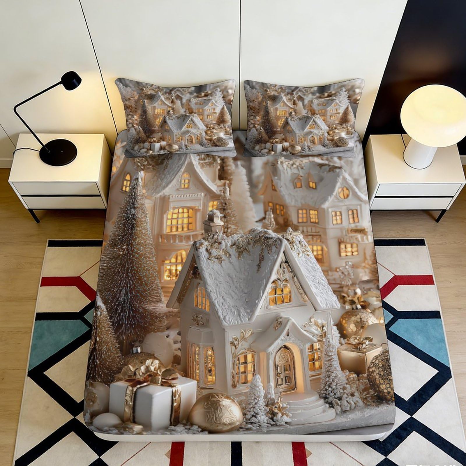 3D Printed Snow Village Fitted Sheet Microfiber Soft Decorative Christmas House Bed Cover for Bedroom Guest Room 200x200x25cm