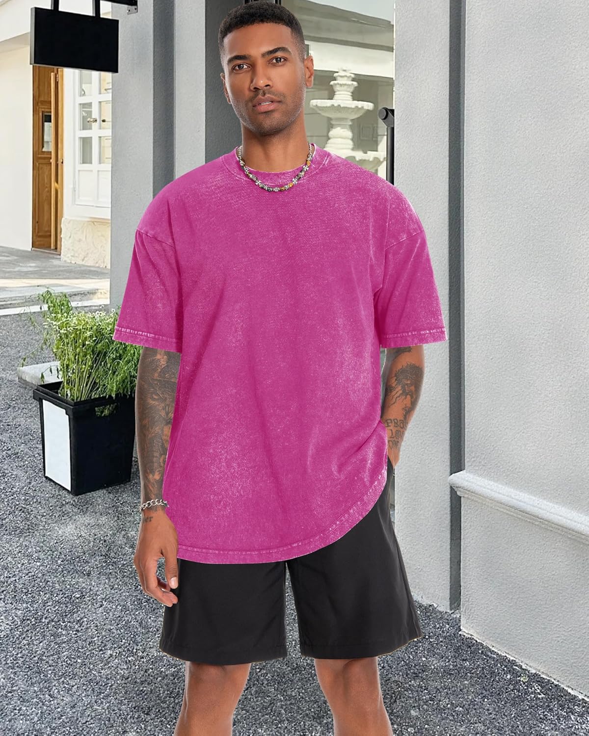 Oversized Tshirts for Men Short Sleeve Vintage Washed Basic Loose Tees, Light Pink, 2XL - Image 2