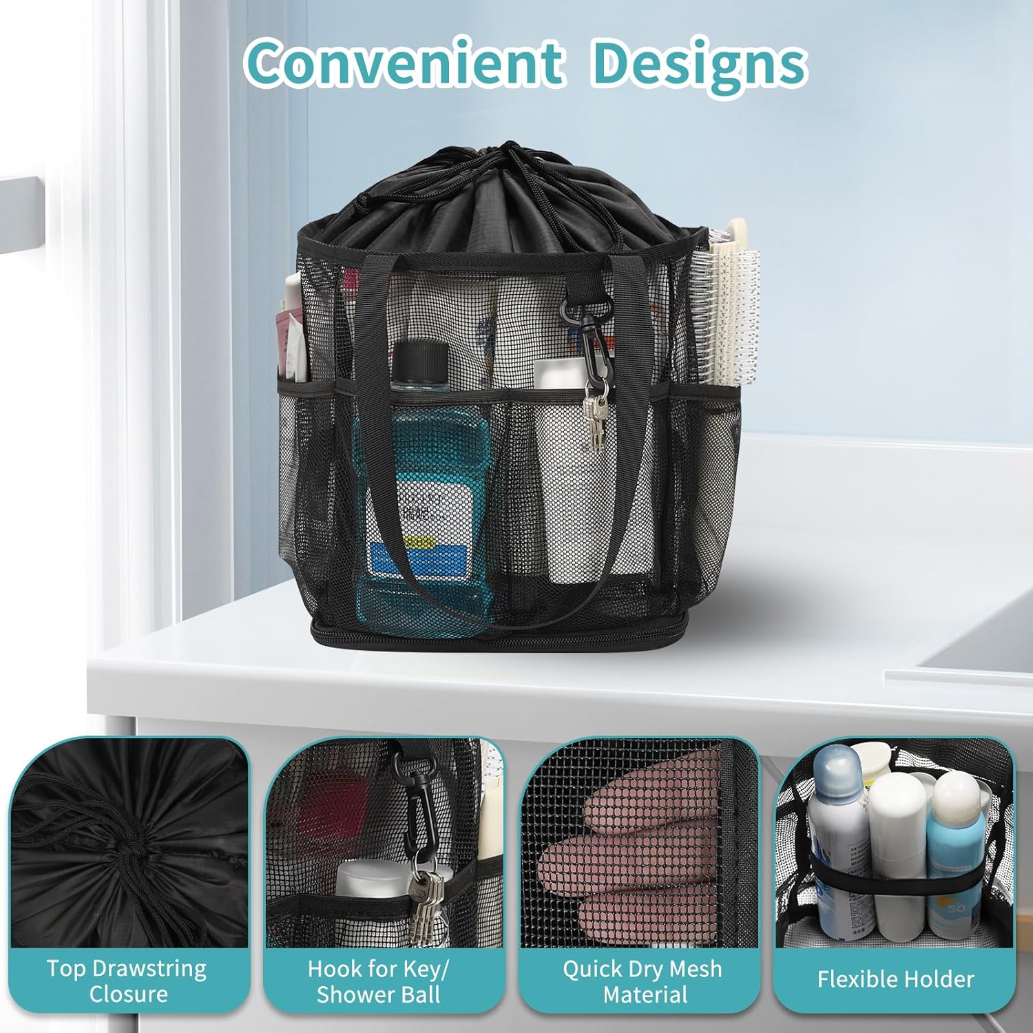 Mesh Shower Caddy Portable for College Dorm Room Essentials, Shower Tote Bag with Hanging Hook and Drawstring, Quick Dry Toiletry Bag with 6 Pockets for Bathroom, Swimming, Gym, Camping, Beach, Travel - Image 7