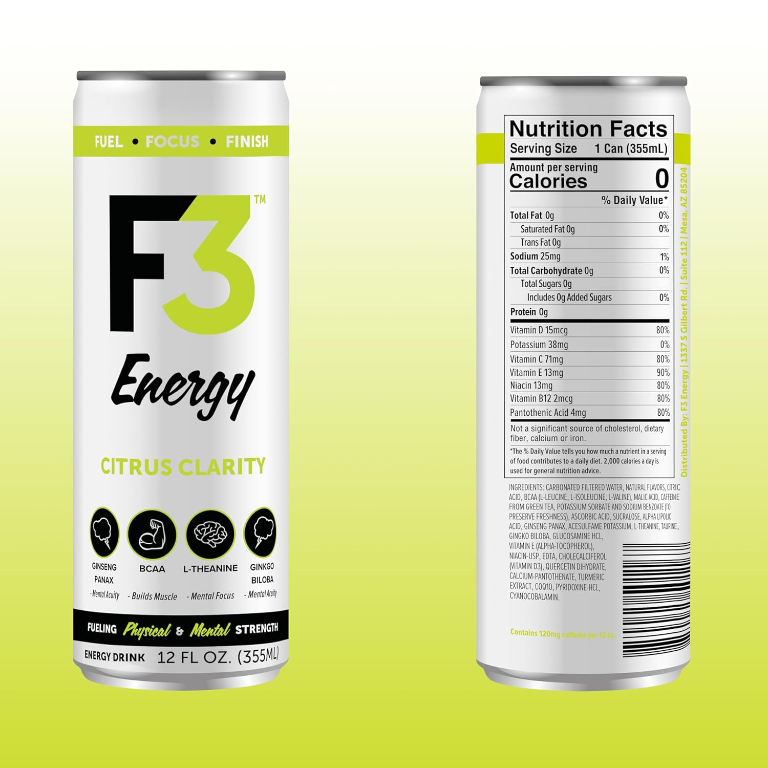 F3 Energy Citrus Clarity Energy Drink - Muscle Building Sports Drinks w/BCAA, Panax Ginseng & Ginkgo Biloba - Natural Energy Drinks for Mental Focus & Muscle Recovery, 125 mg Caffeine (12 pack)