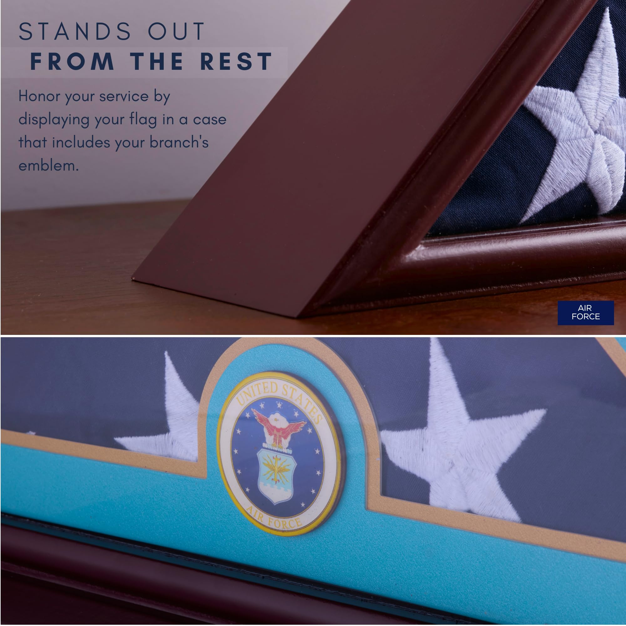 DECOMIL- 5x9 Flag Display Case Shadow Box Flat Base with Cherry Finish with Armed Forces Branch Emblems