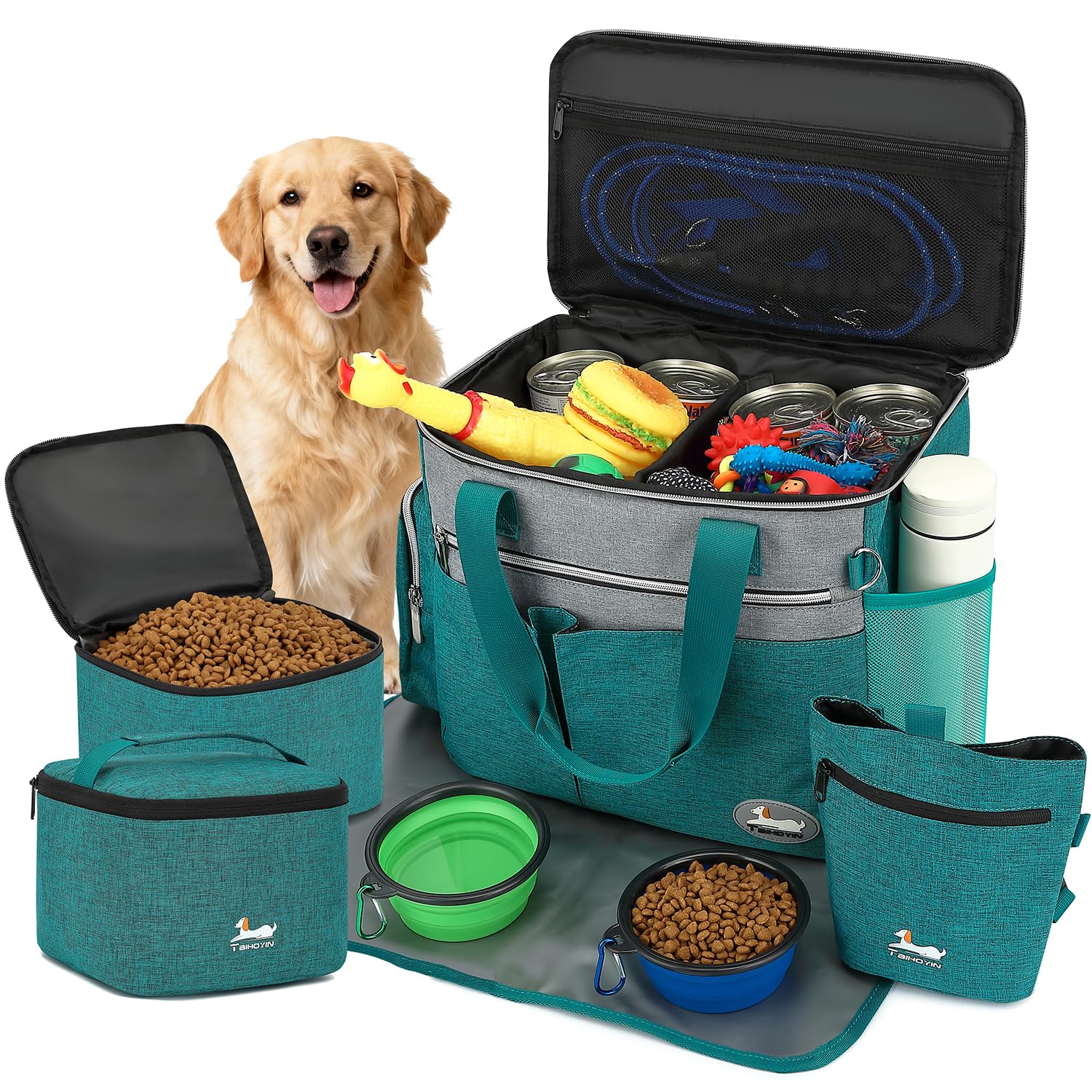 Sac de Voyage Chien Kit Complet d'accessoires (7 pièces) avec Sacs Nourriture, Bols Pliables, Tapis et Pochette Parfait pour Les Voyager Sorties Vert Foncé