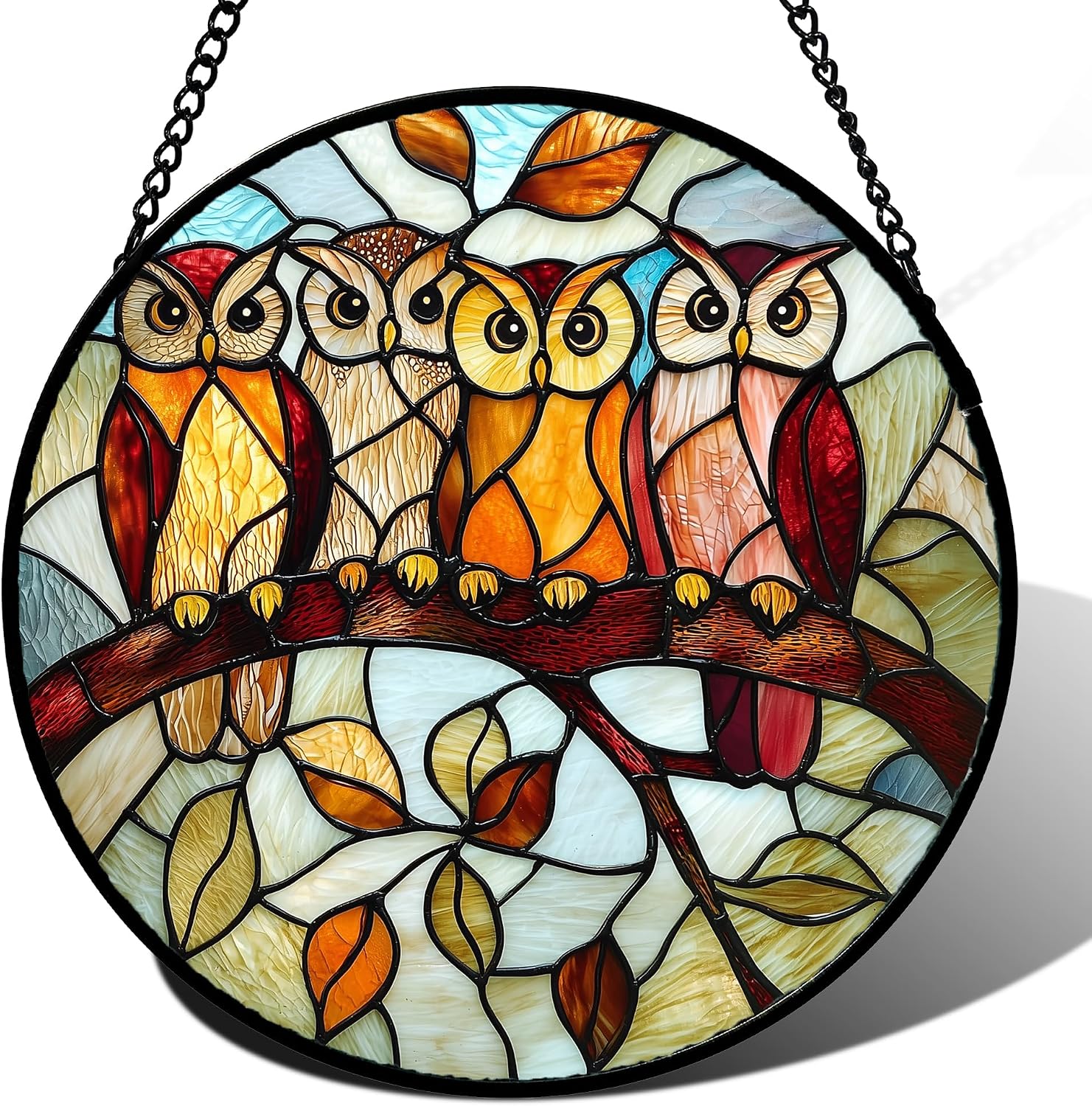 Stained Glass Window Hanging Owl in The Tree Suncatcher Gift for Women 7.8"