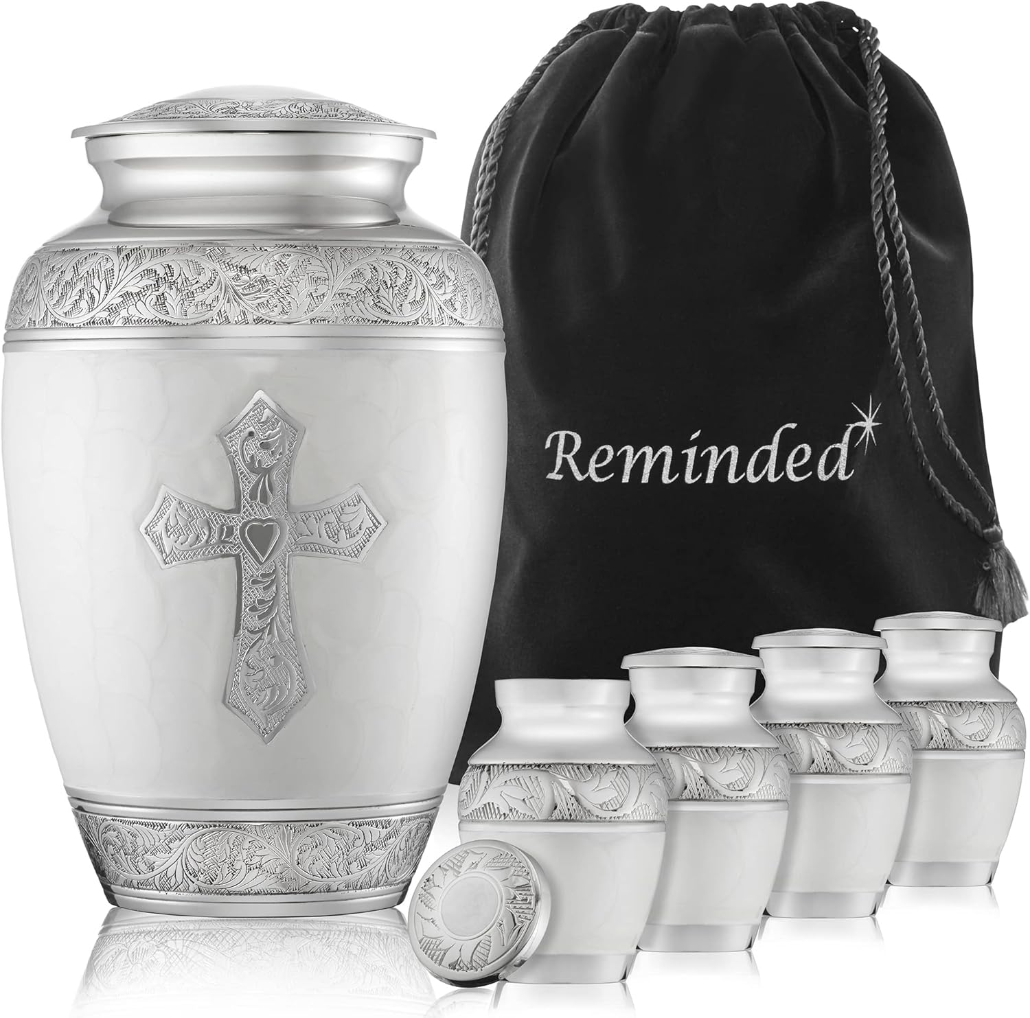 Reminded Set of 5 Engraved Cross Cremation Urns for Human Ashes - 1 Brass Adult + 4 Keepsake Token Size, White