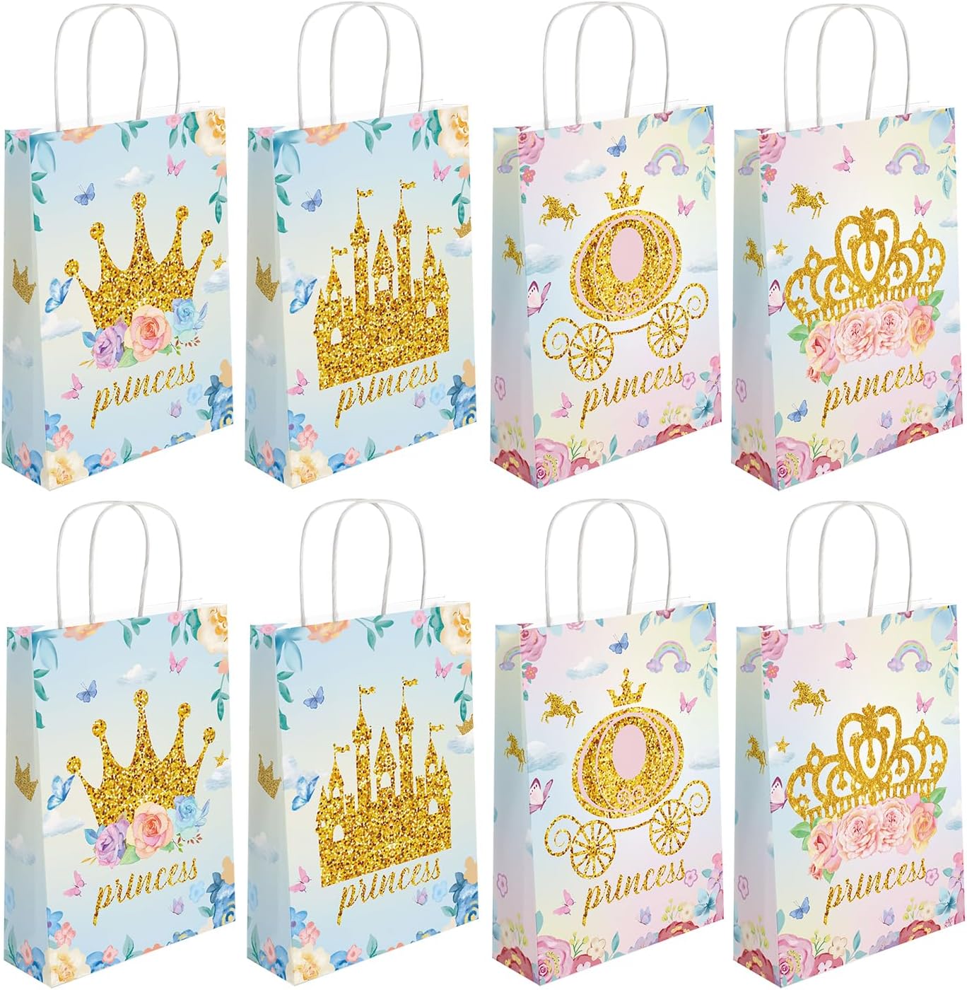 Generic 16 Pcs Princess Prince Party Favor Bags with Handles - Pink, White - 8.3 x 5.9 x 3.1 inches - Birthday, Wedding, Bridal Shower - Princess Theme