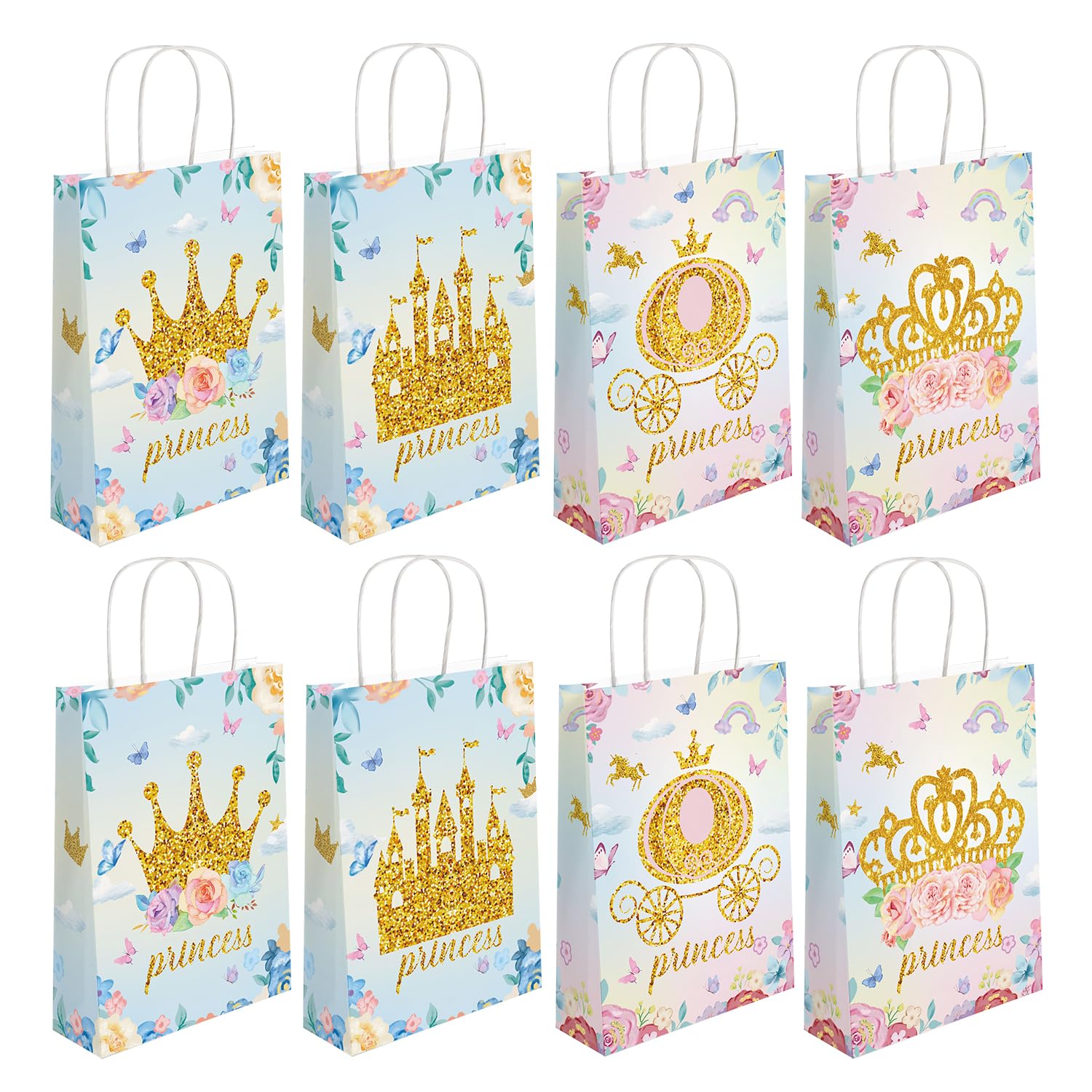 Generic 16 Pcs Princess Prince Party Favor Bags with Handles - Pink, White - 8.3 x 5.9 x 3.1 inches - Birthday, Wedding, Bridal Shower - Princess