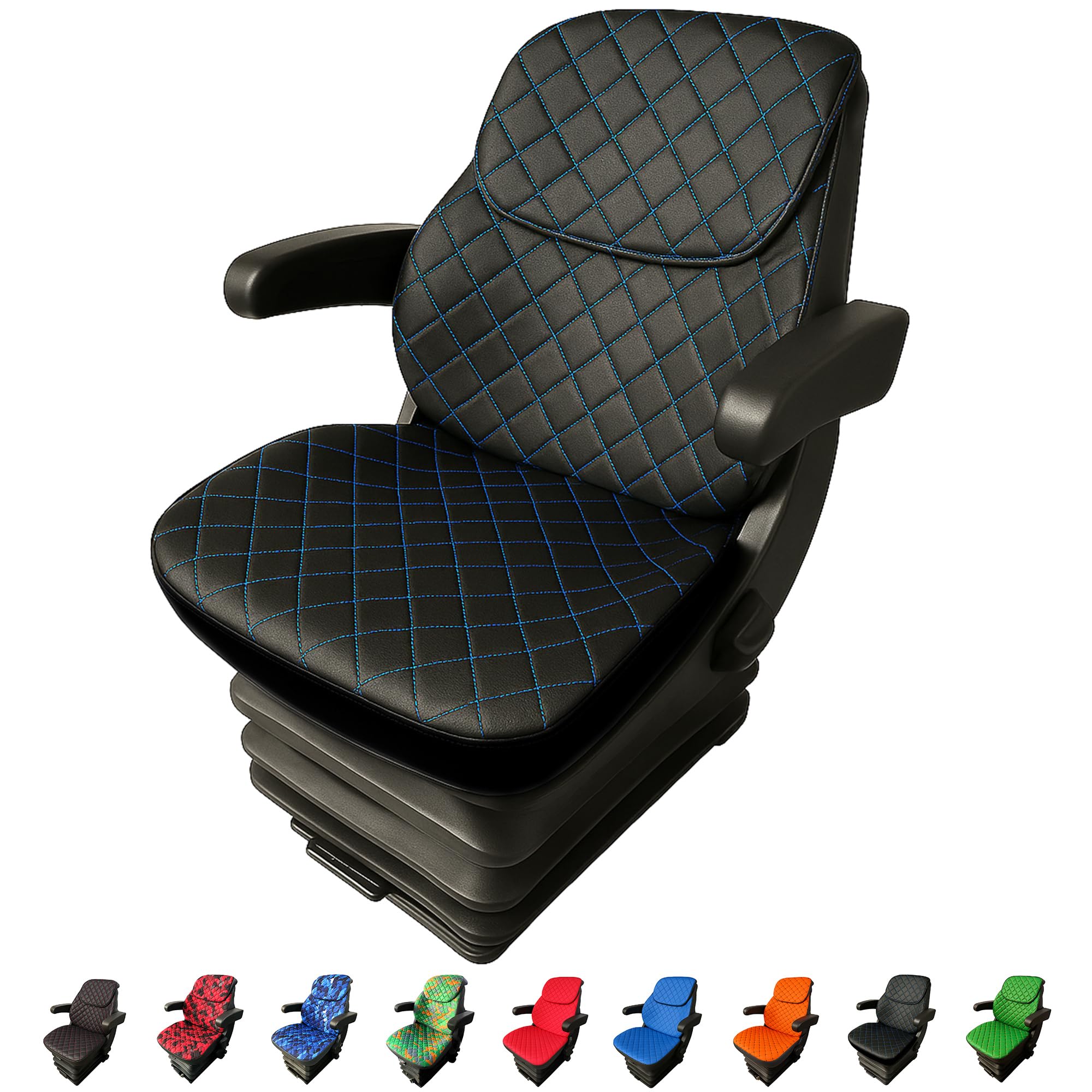 Set di 3 coprisedili universali resistenti per trattore con poggiatesta, coprisedili per carrello elevatore (pelle nera, cuciture blu)