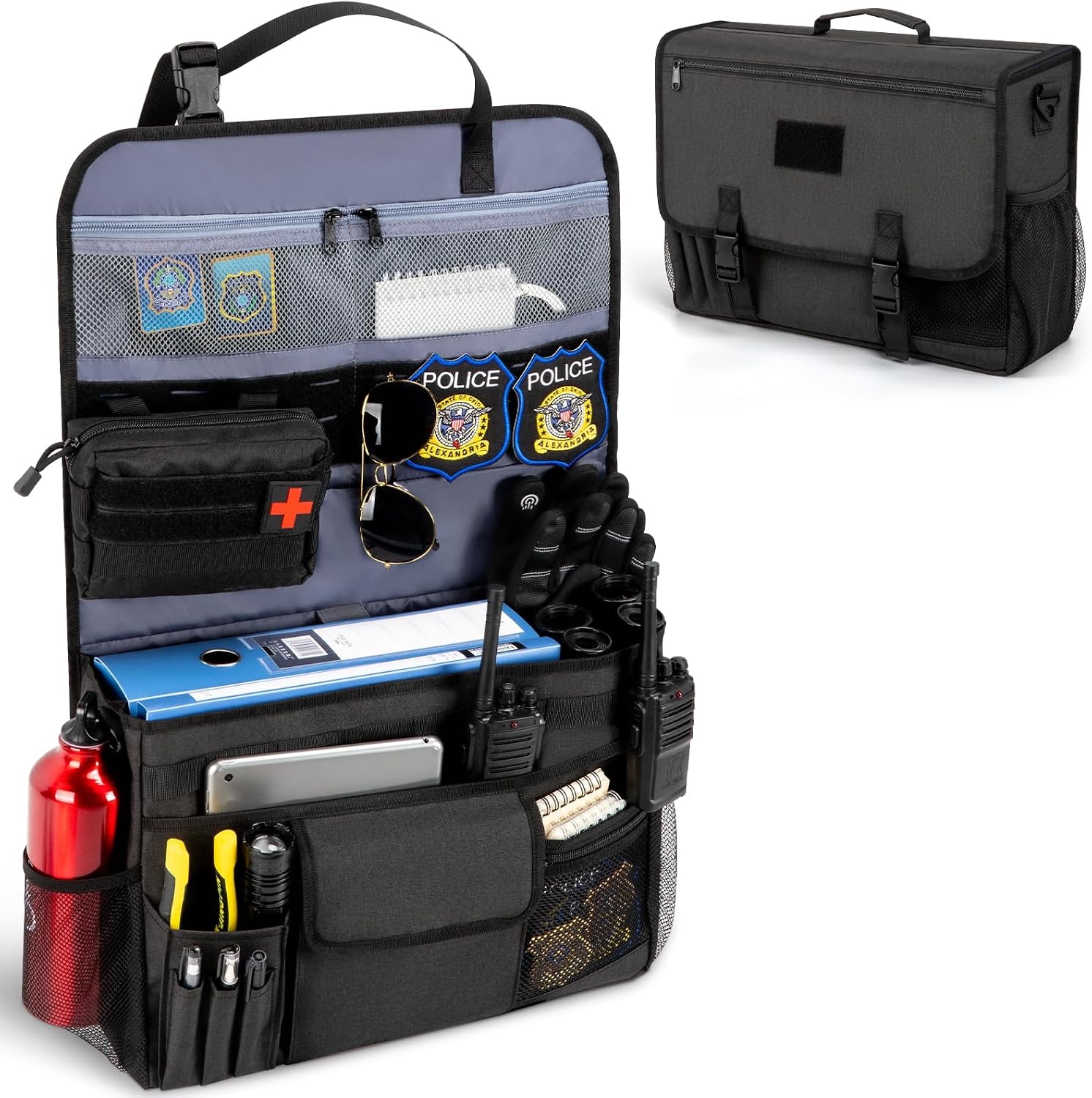 GDNasist Patrol Bag Law Enforcement, Car Front Seat Organizer, Police Duty Bag for Police Gear with 15.6" Laptop Storage, Molle Webbing, Multiple Compartment, Removable Straps, Black