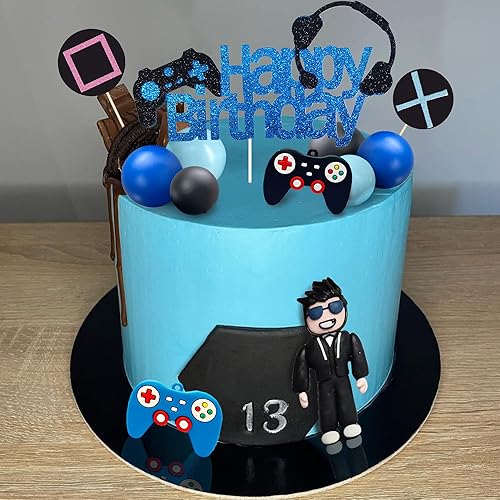 Miniatura 6 de Decoración de pastel de videojuegos para decoración de pasteles, controlador de juego azul y negro, decoración de pasteles para juegos, fiesta