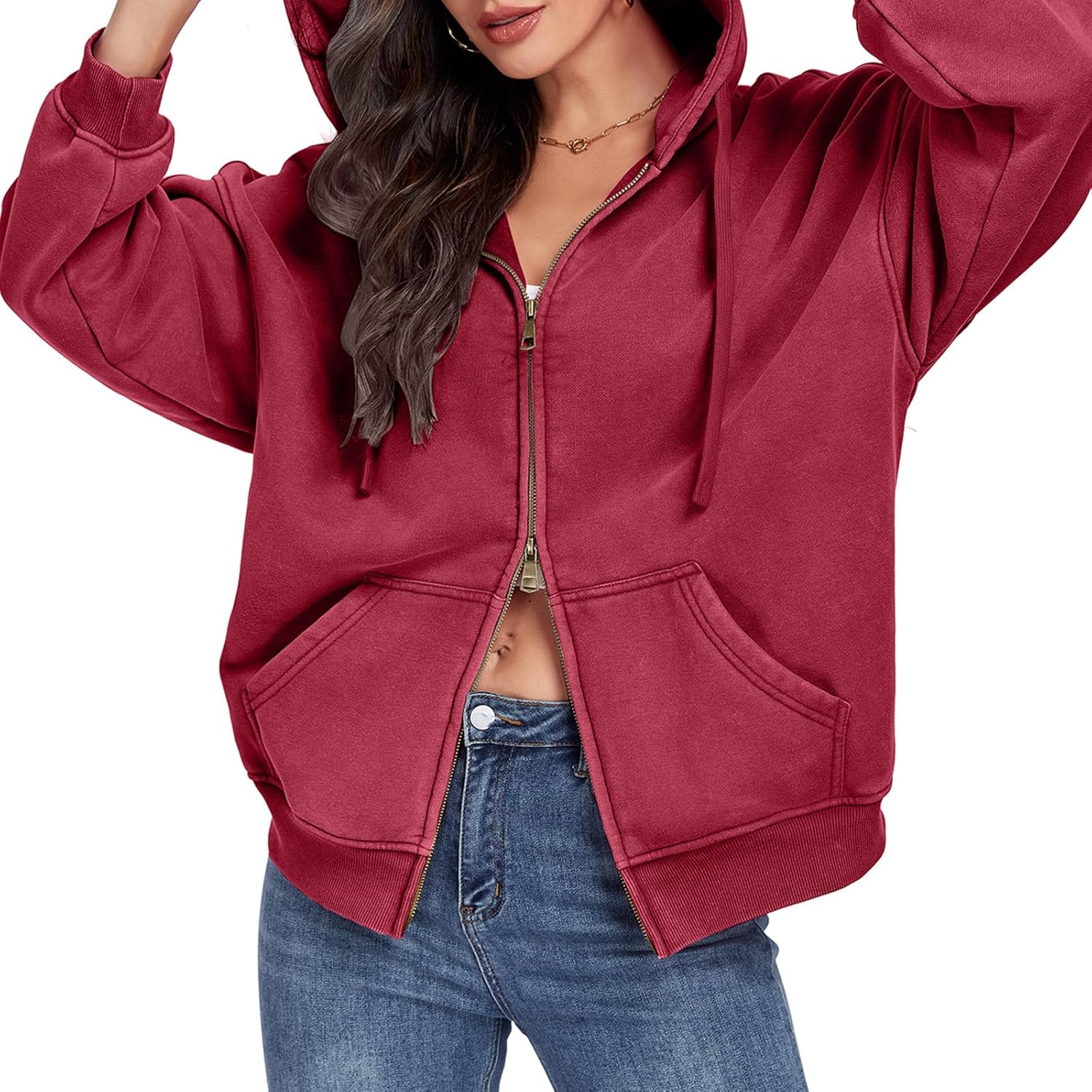 WOWULOVELY Womens and Mens Zip Up Hoodies Acid Wash Long Sleeve Oversized Sweatshirts Distressed Fleece Jacket with Pockets - Image 3