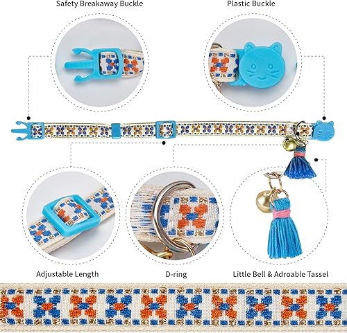 Miniatura 4 de Jzswiepa Paquete de 2 collares de gato con bonito patrón colorido para gato, niño y niña, longitud ajustable con borla de campana, patrón tribal
