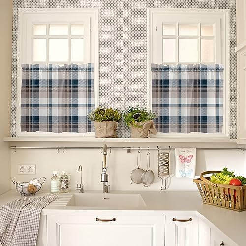 Miniatura 4 de Buffalo - Juego de cenefa y niveles de cortina de cocina a cuadros, estilo granja, marrón y azul, 54 x 36 pulgadas