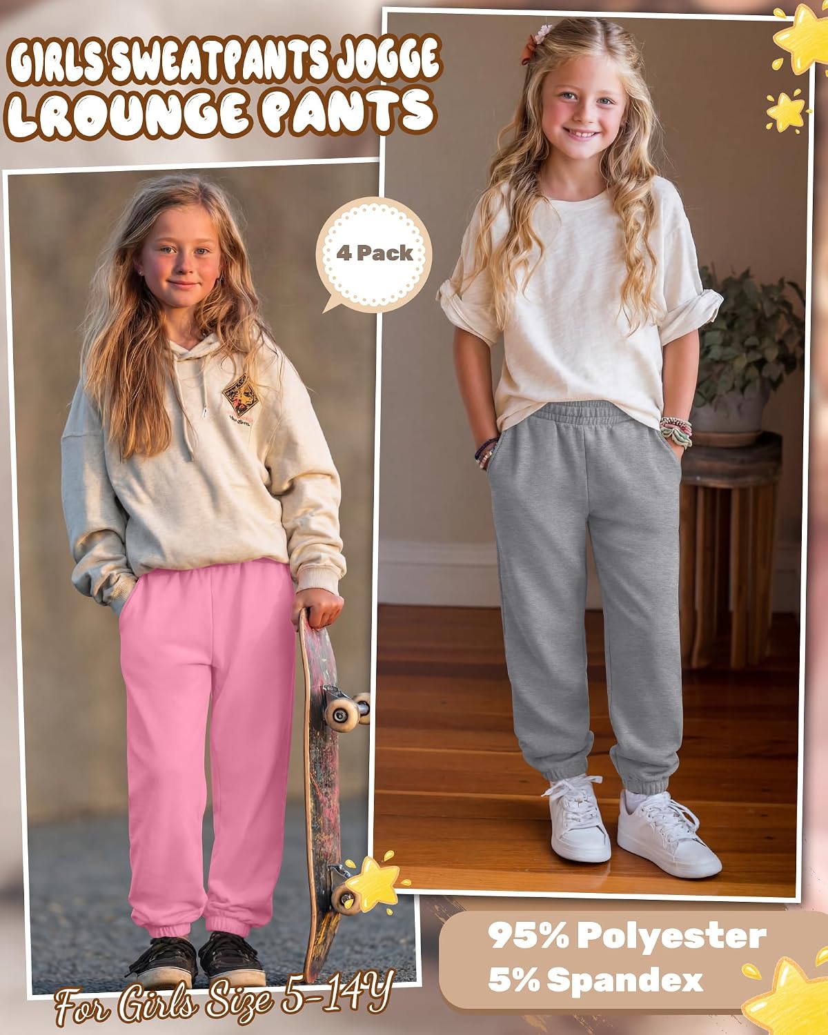 4 Pack Girls Lightweight Jogger Sweatpants 5-14Y