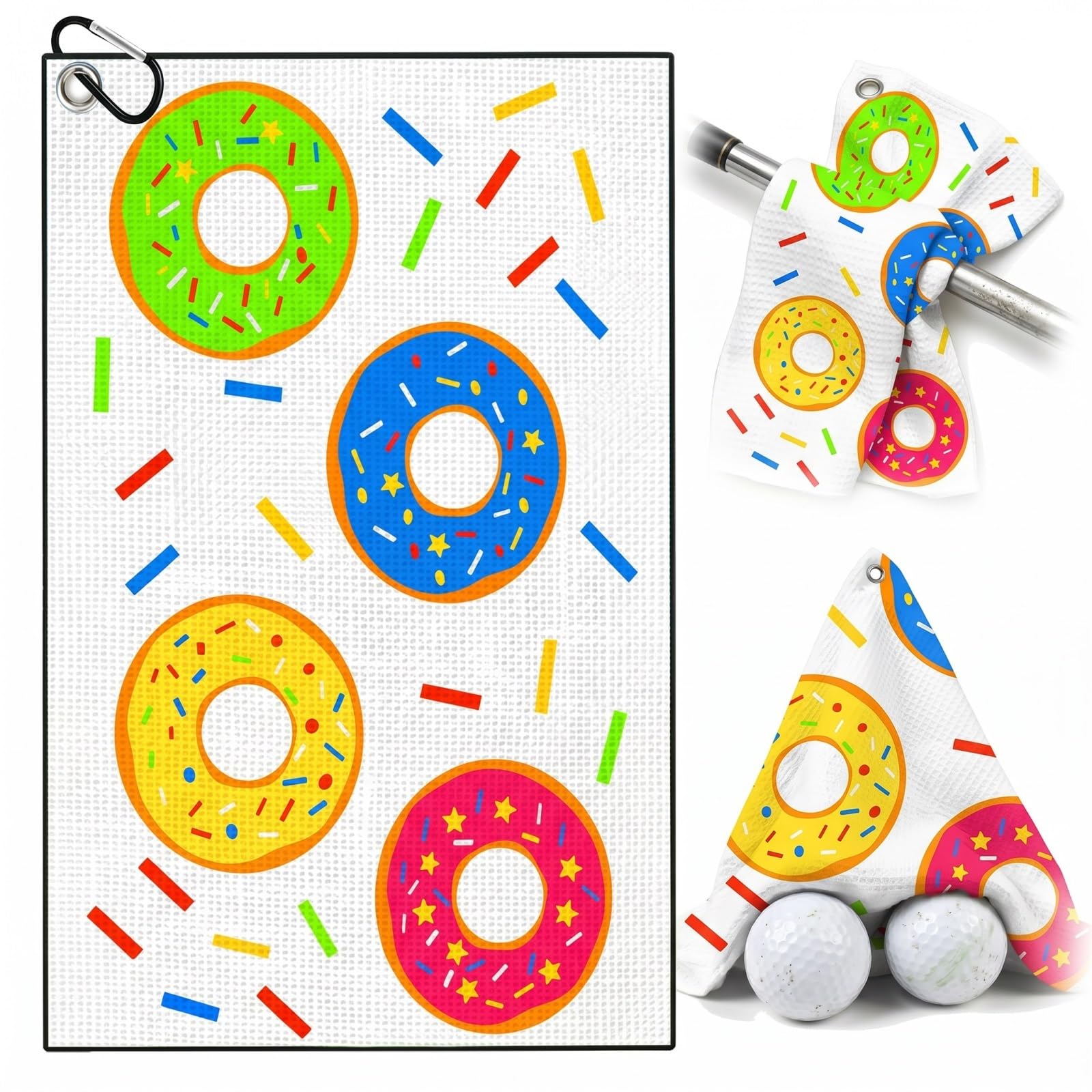 TUKRKRS Donut Print Microfiber Golf Towel with Hook - 15.75"x23.62" for Women - Quick Dry Clubs Balls - Cute Sweet Treat Design for Her