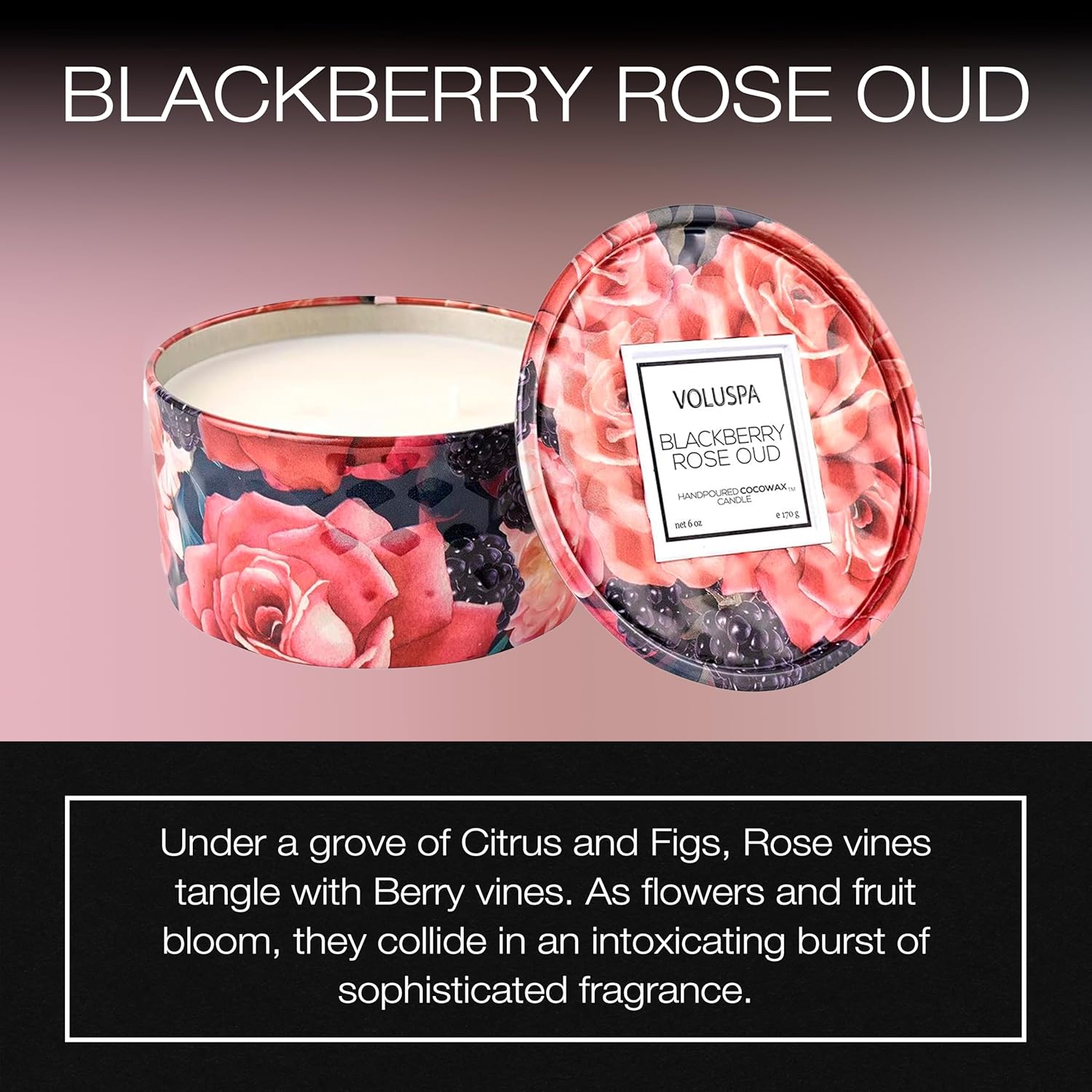 Voluspa BlackBerry Rose Oud, 2 Wick Tin Candle, 8 oz, 25 Hour Burn Time, Coconut Wax for Clean Burning, Handcrafted in The USA - Image 2