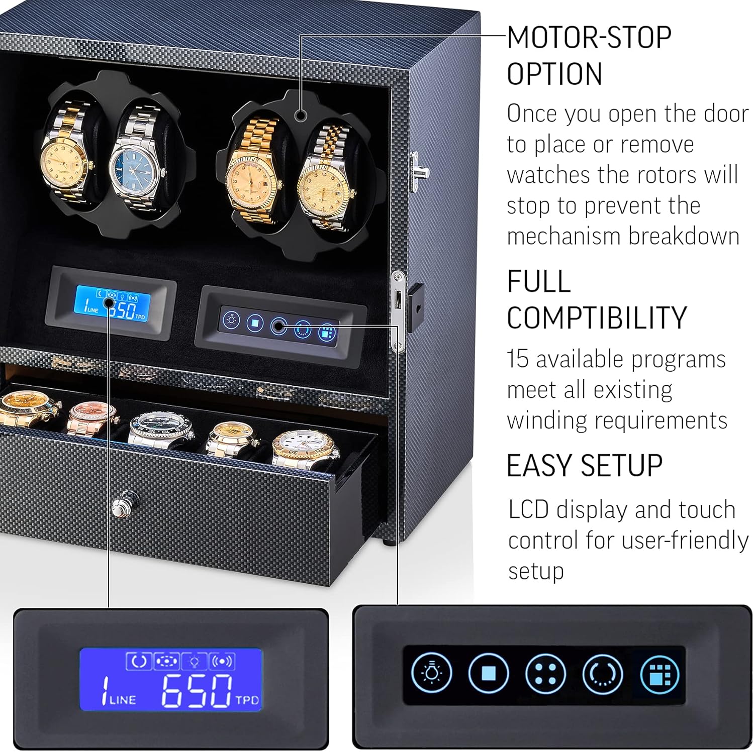 4 Watch Winder with 5 Watch Storage Space, LCD Display, Touch Control and Interior Light