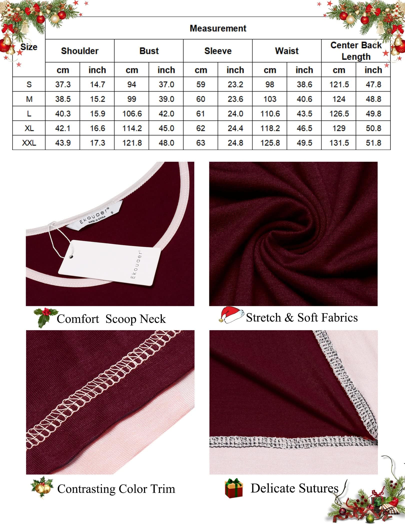 Ekouaer Camicia da Notte Donna Manica Lunga Girocollo Lungo da Notte Invernale Pigiama Comodo Ampio Sexy Camicie Tinta Unita Abbigliamentoda Casa S-XXL