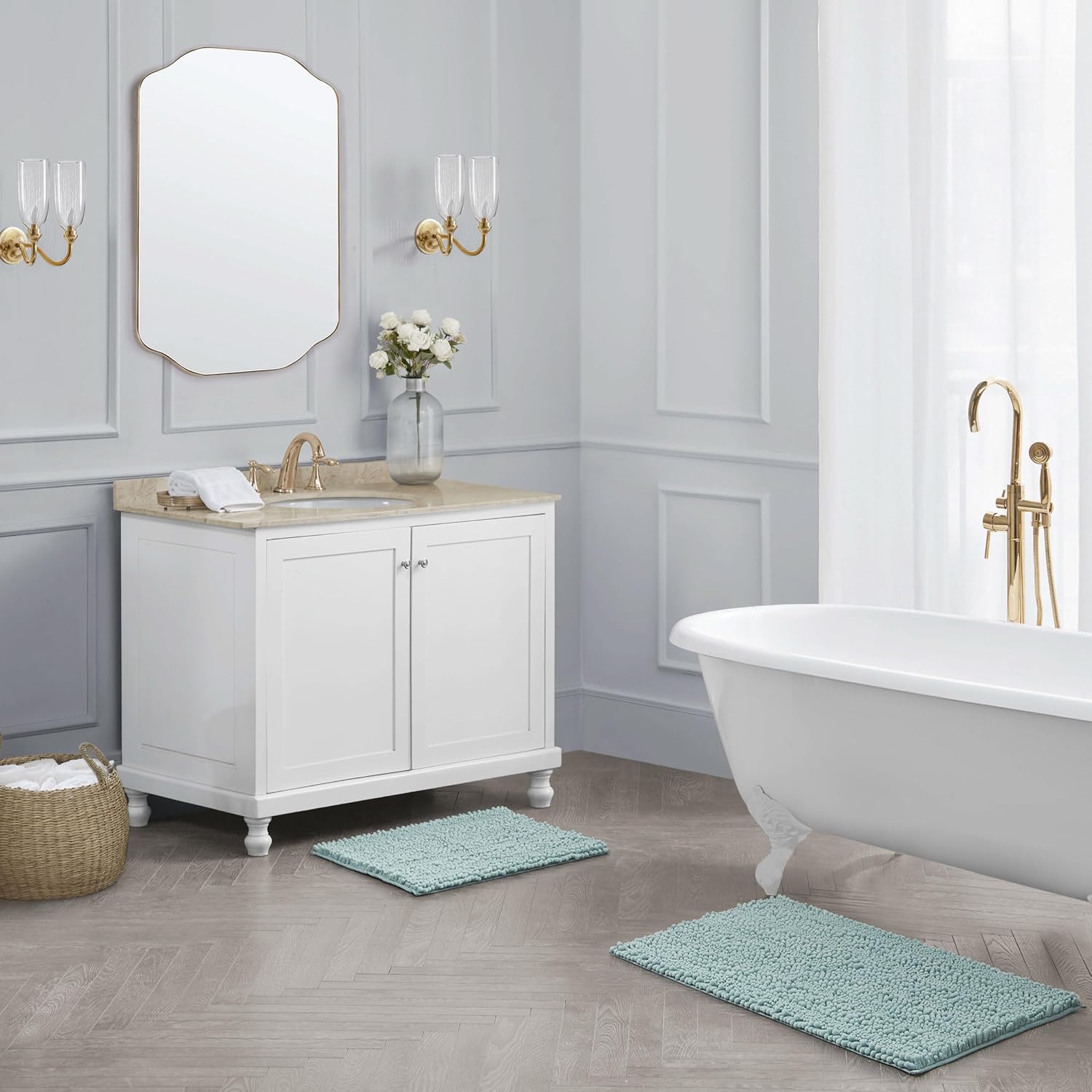 Laura Ashley – Astor Chenille Bath Mats | Set of 2| 100% Polyester | Premium Bathroom Décor | Machine Washable | TPR Backing | Measures 17” x 24” and 20” x 34” | Sage Green