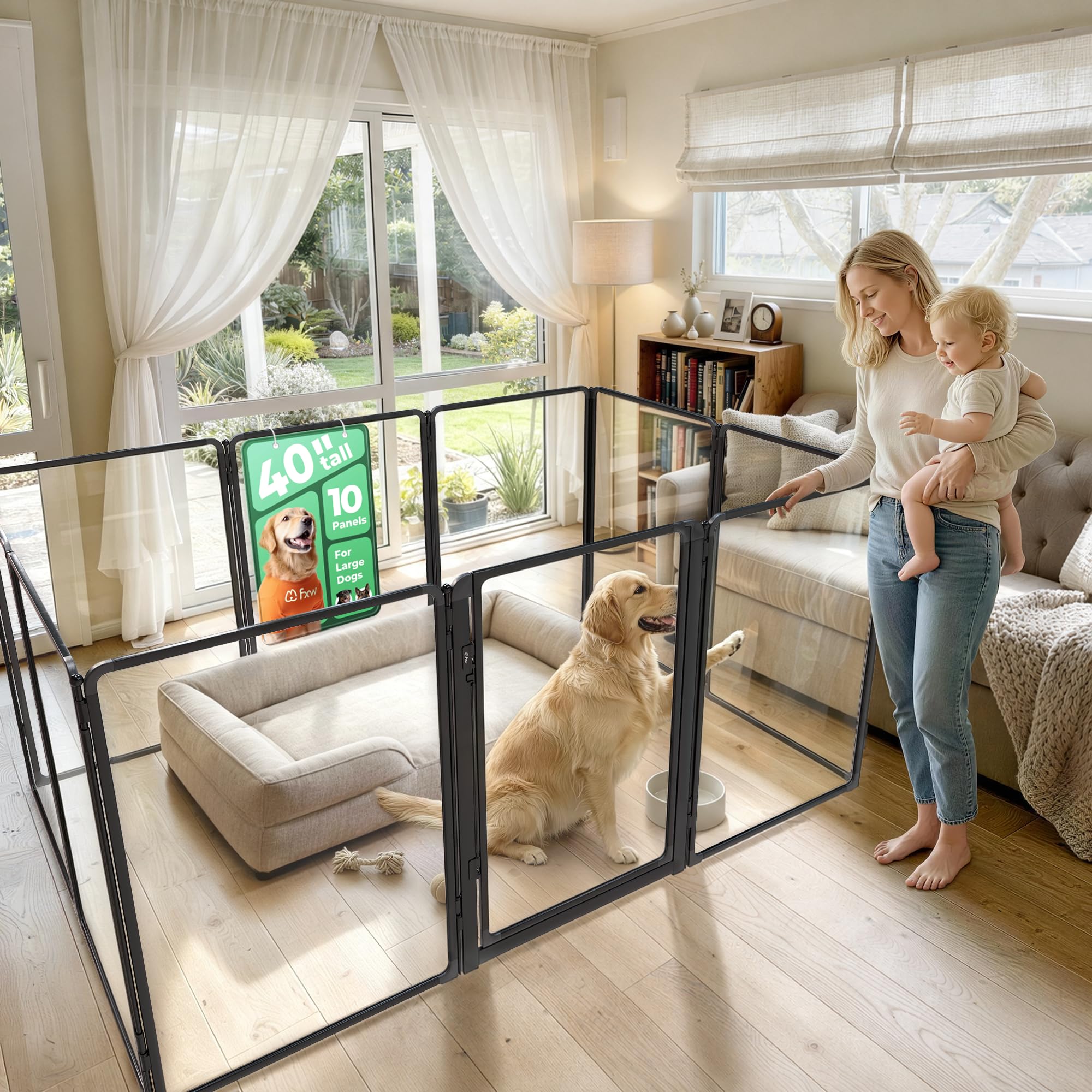 FXW AuraSpace Pro Clear Acrylic Indoor Dog Playpen, 40" H, 10 Panels