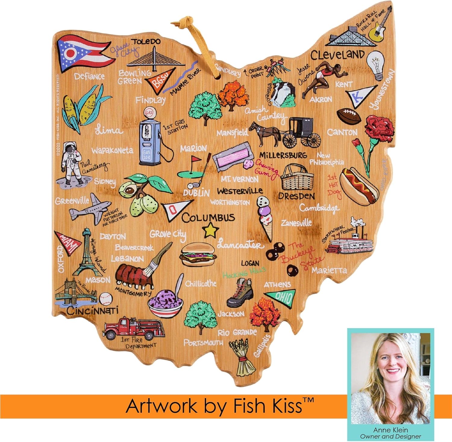 Totally Bamboo Ohio State Shaped Cutting Board and Charcuterie Serving Platter with Artwork by Fish Kiss, Includes Hang Tie for Wall Display - Image 6