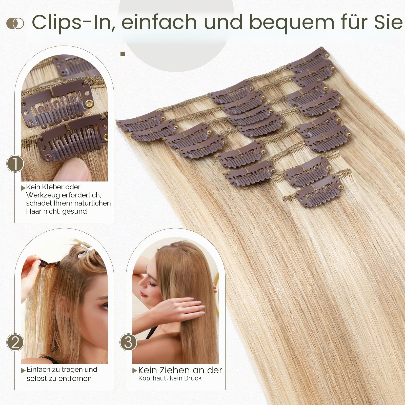 Elailite Voller Kopf Haarverlängerung Echthaar Clip -(8 PCS 18 Clips Hair Extensions Clip in Bayalage) - glatt, #18/613 Aschblond＆Gebleichtes Blond 60cm 80g