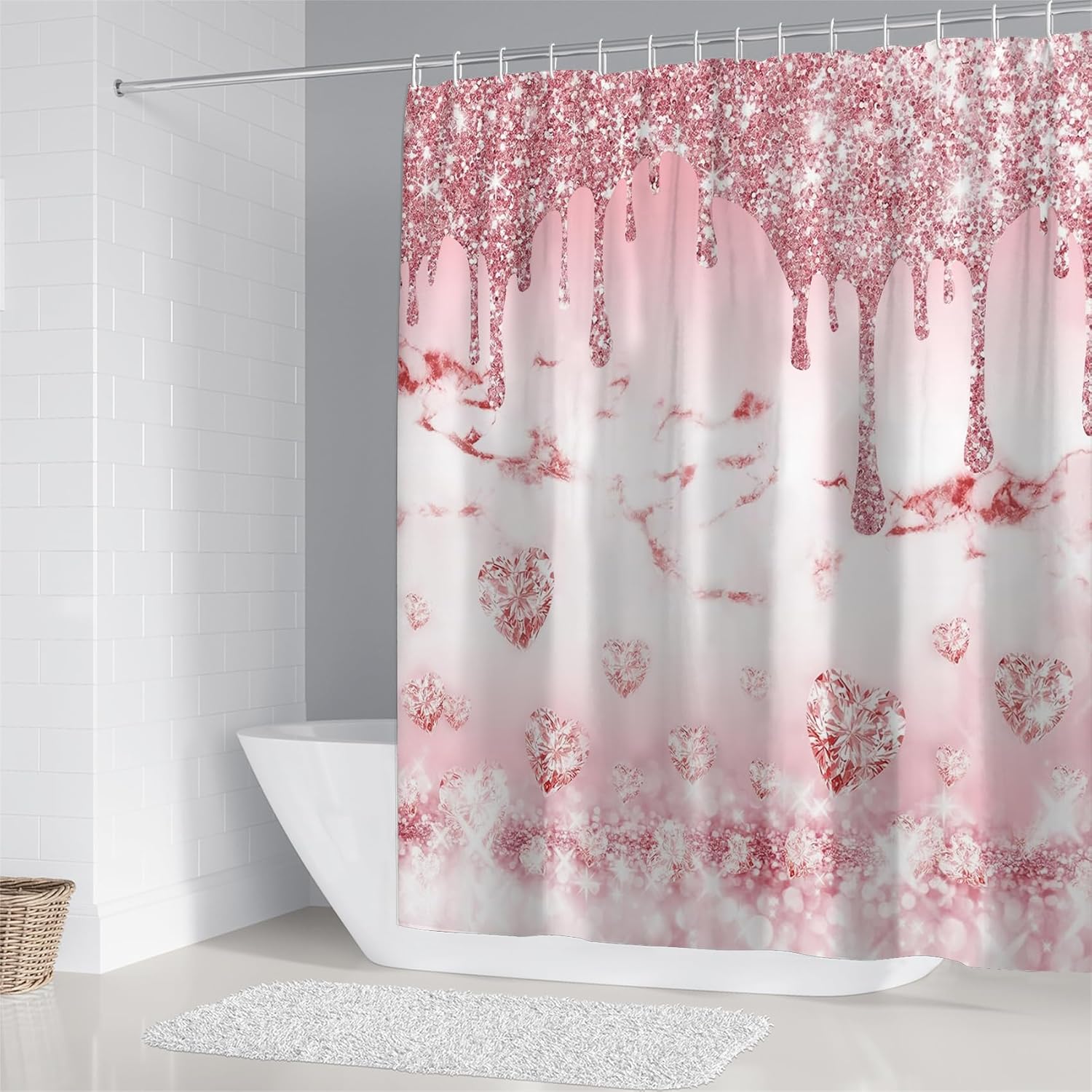 AZHM 4 Pcs Glitter Diamond Shower Curtain Sets Rose Gold Bathroom Decor Set with Shower Curtain and Rugs and Accessories Bling Modern Fashion Bathroom Curtain with 12 Hooks