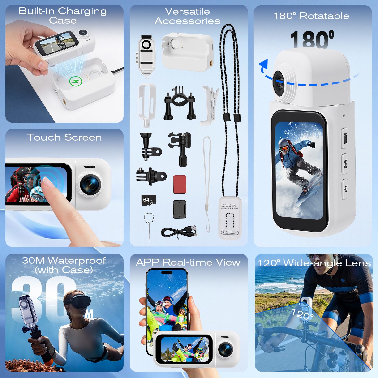 360° Mini Action Kamera mit Touchscreen, Action Body Cam, 30m Wasserdicht, 8h Akku, 120° Weitwinkel, inkl. 8h Akku Laufzeit, 64GB Speicher, Fahrradhelm Kamera für Motorrad, Tauchen, Vlog (weiß)