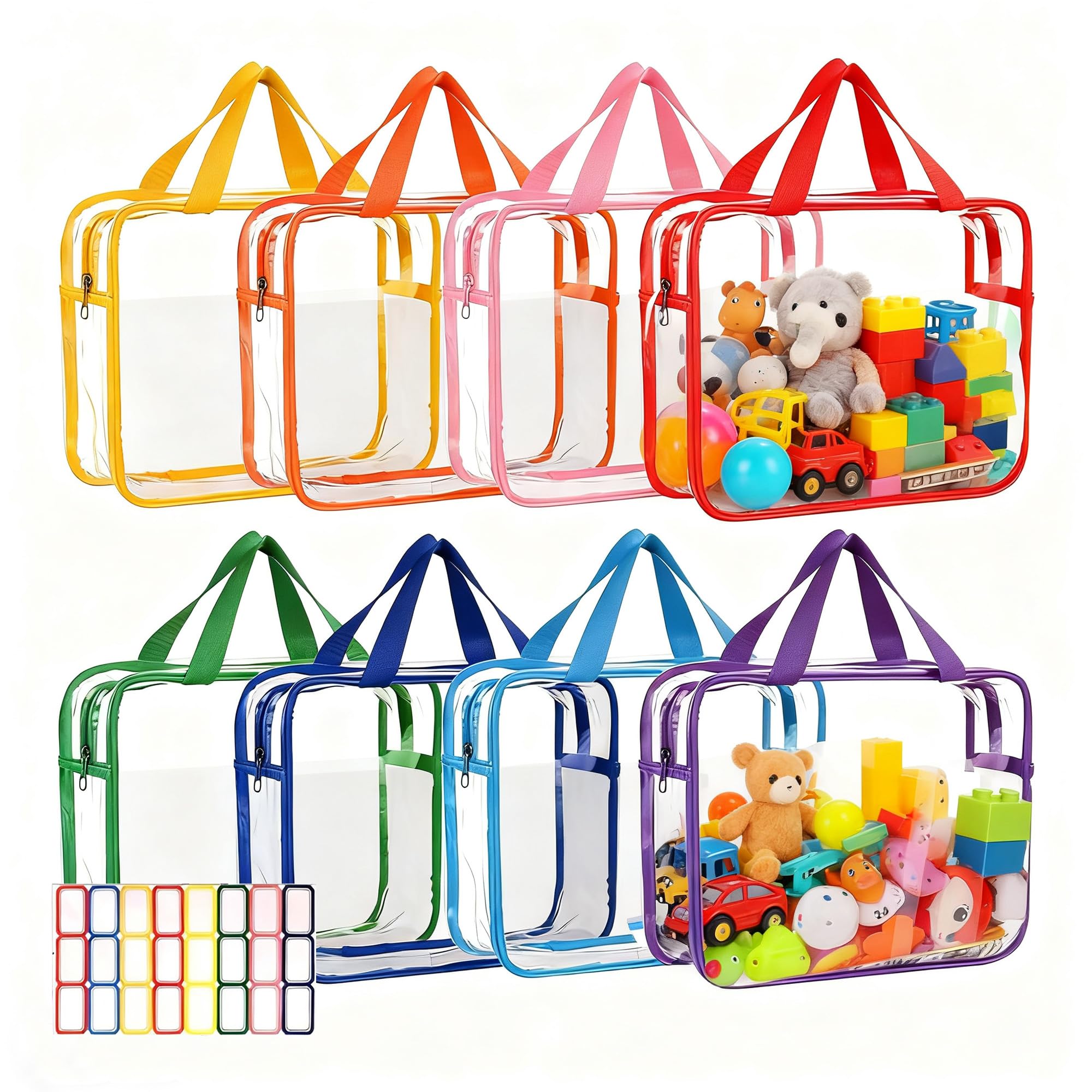Jiodekeyi Red, Green, Blue, Orange, Purple, Yellow, Pink, Sky Blue 8 Colors Clear Toy Storage Bags: Waterproof Pvc Toy Organizing Bags With Label Stickers 30X10x22cm Reusable Storage Bag With Zipper Handle For Building Blocks Puzzles Board Games Book