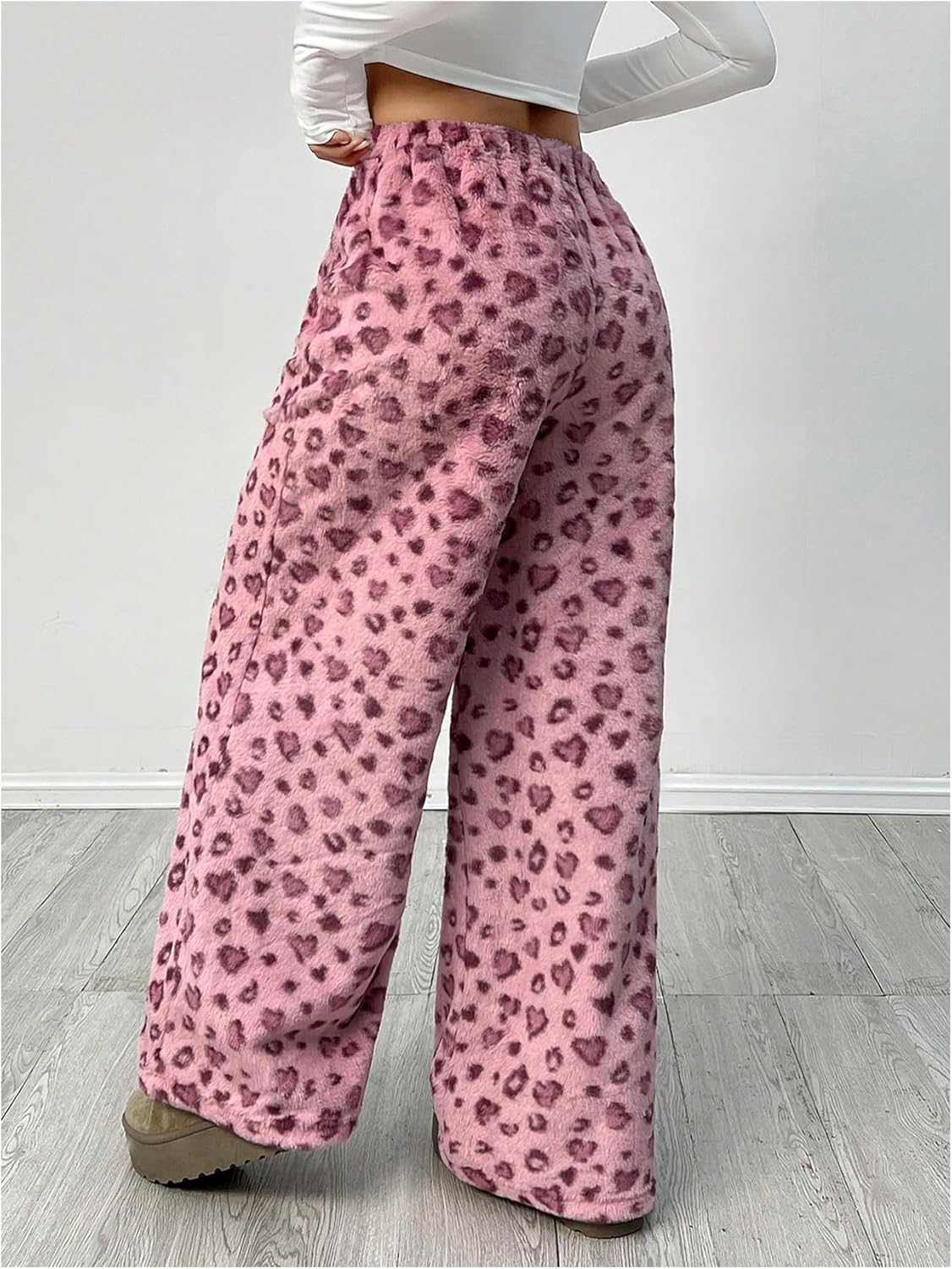 SHENHE Women's Fuzzy Leopard Print Pajama Pants Wide Leg Baggy Y2k Plush Lounge Trousers - Image 3