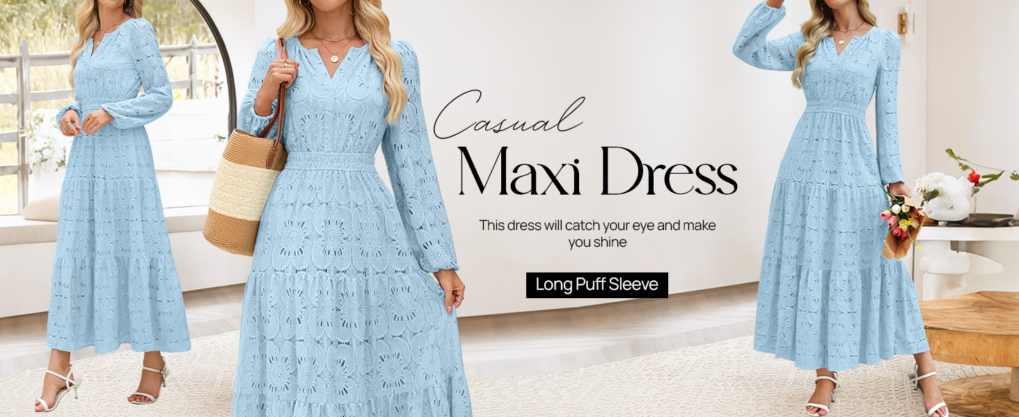 Amazon.com: MEROKEETY Women's Fall Long Sleeve Floral Maxi Dress Lace  Eyelet Hollow Out Tiered Boho Wedding Guest Dresses Pockets, Apricot, Small  : Clothing, Shoes & Jewelry