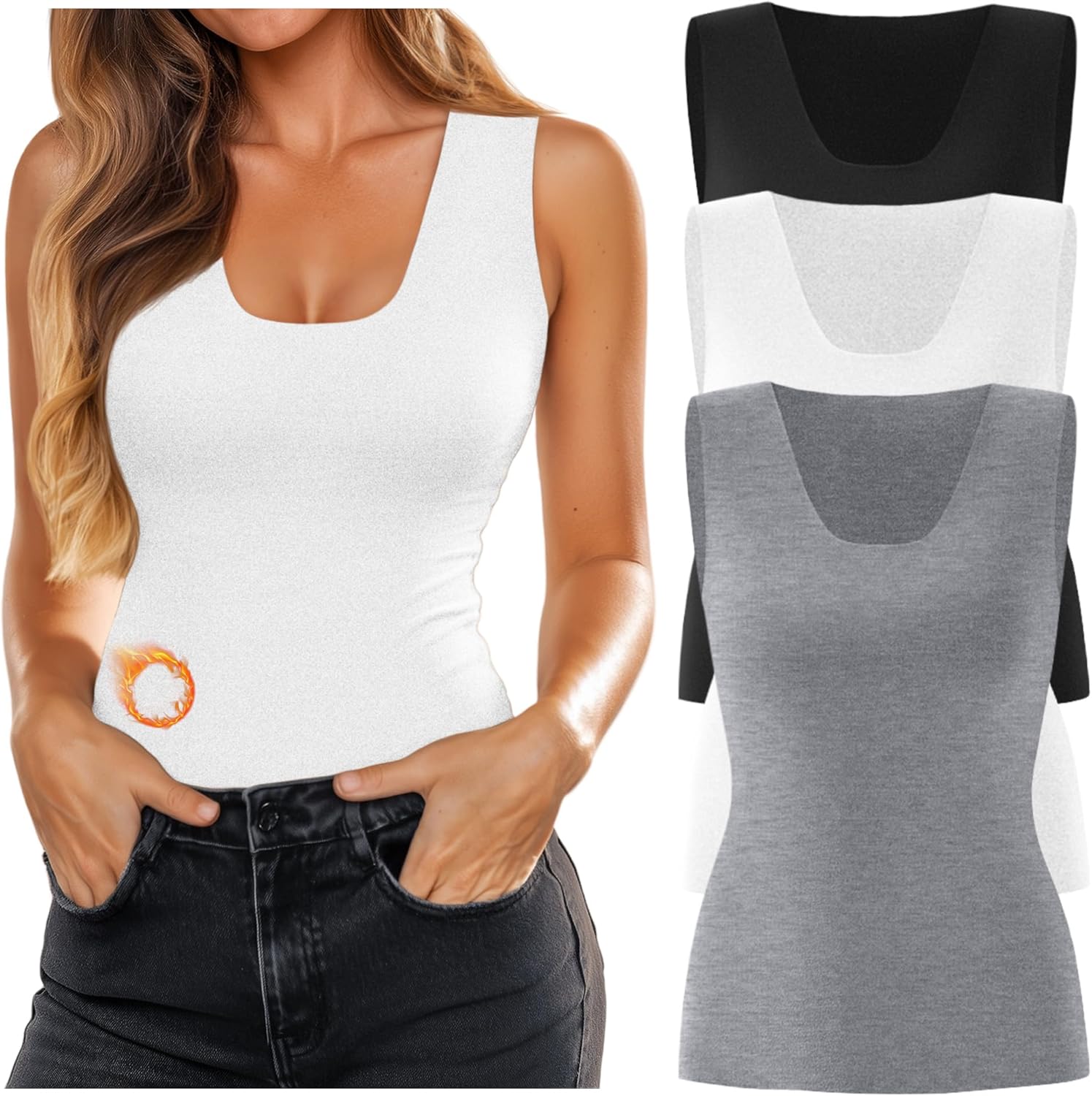 3 Pack Women's Thermal Tank Tops Fleece Lined Scoop Neck Sleeveless Undershirts Warm Frayed Hem Base Layer Vest