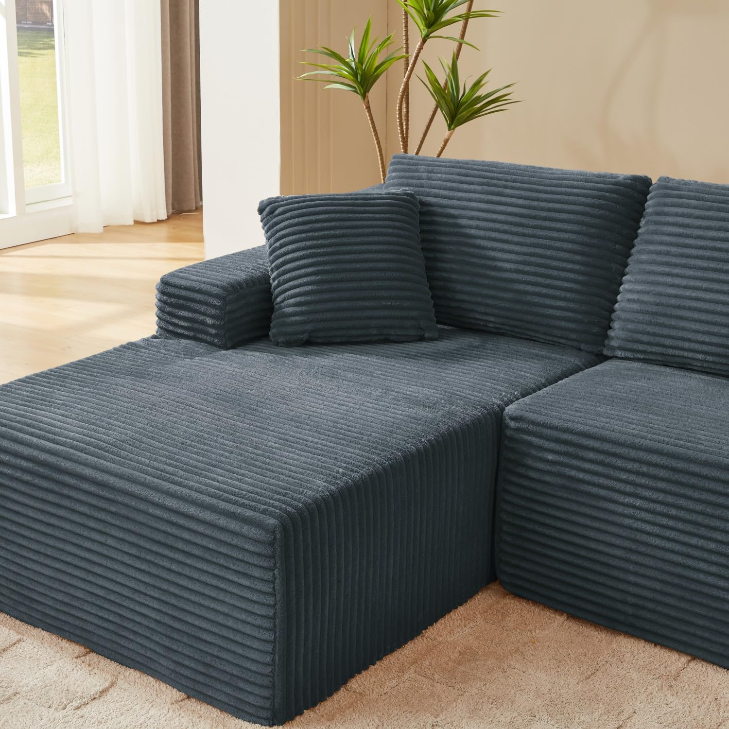 Sofá esquinero en forma de L de 4 plazas, sofá modular de pana con taburete, cómodo sofá de salón con 2-6 almohadas, ahorra espacio para salón y apartamentos, 256 x 134 cm (gris-izquierda)