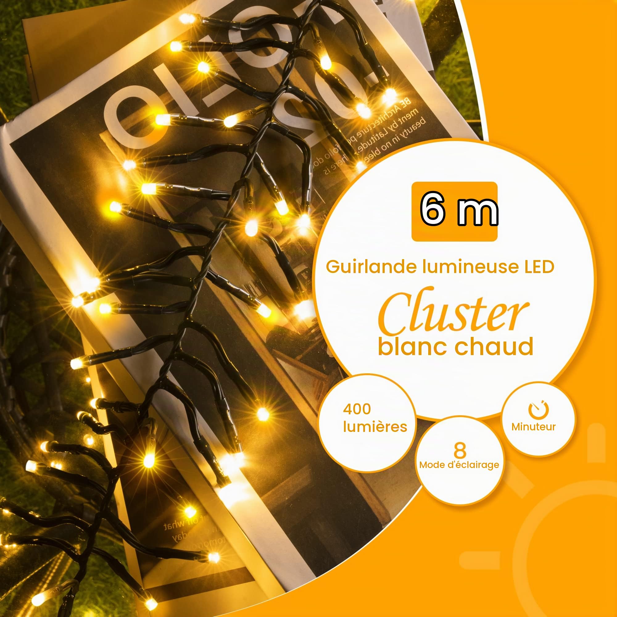 Ollny Guirlande lumineuse LED 6m 400 LED, guirlande lumineuse de Noël IP44 étanche avec télécommande et minuterie, 8 modes, décoration de fête pour Noël, anniversaire, mariage, salon, blanc chaud