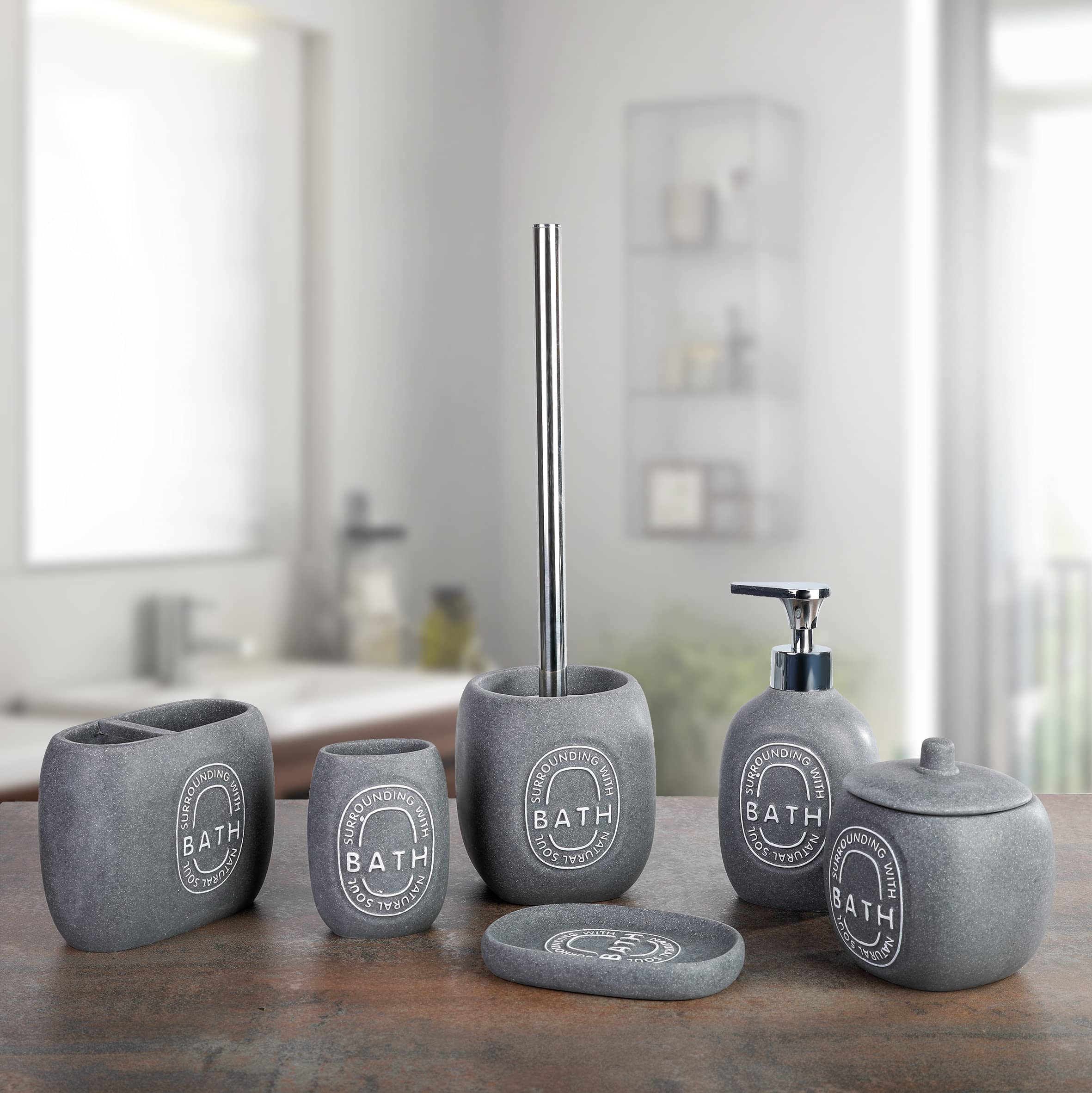 axentia - Badezimmer-Set 6-teilig Grau Steinoptik - Badezimmerzubehör-Set mit Zahnputzhalter, Zahnputzbecher, Seifenschale, Spender, Wattestäbchenhalter und WC-Garnitur
