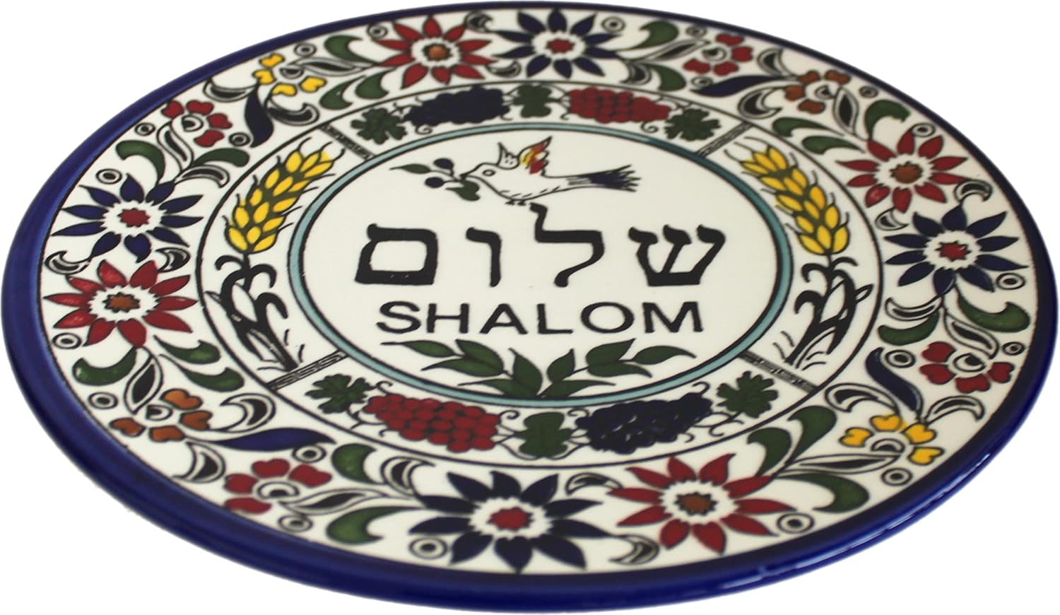 Holy Land Market Peace Shalom Plate - Armenian Ceramic with Pigeon, Jewish Decorative Plate, Large 11 in (27 cm)