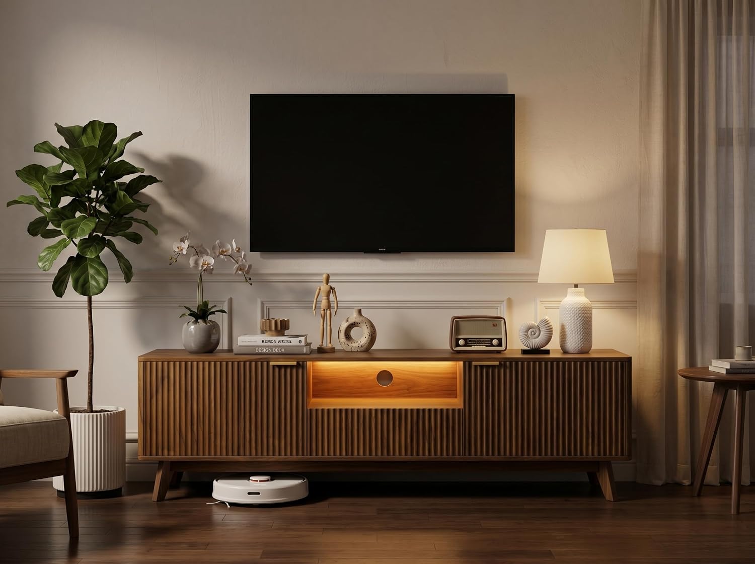 70" Fluted TV Stand with Storage, Mid Century Modern TV Console, Walnut