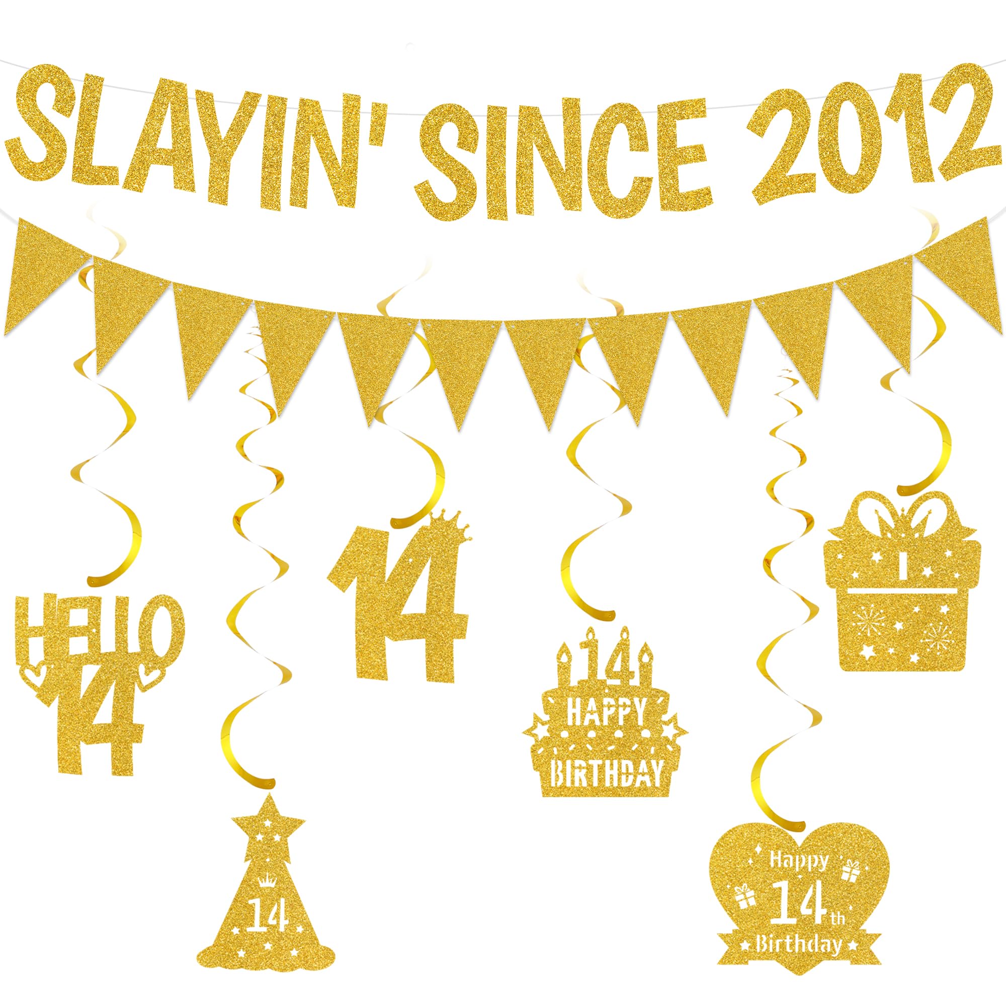 Slayin’ Since 2012 Banner Decorations - Glitter 14th Birthday Hanging Swirls Decorations and Pennant Garland, Gold Funny Birthday Party Supplies for Boys and Girls