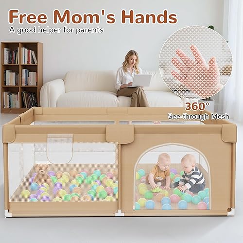 Miniatura 2 de Corralito grande para bebés de 64 x 64 pulgadas, corralito para bebés y niños pequeños con 50 bolas oceánicas, área de juego de valla de seguridad