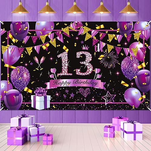 Pancarta de decoración de cumpleaños número 13, color morado y negro, telón de fondo de 13 cumpleaños para niñas, suministros de fiesta de