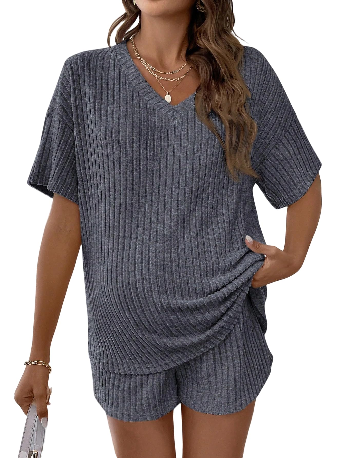 MakeMeChic Women's Maternity 2 Piece Sets Ribbed Shirt and Biker Shorts