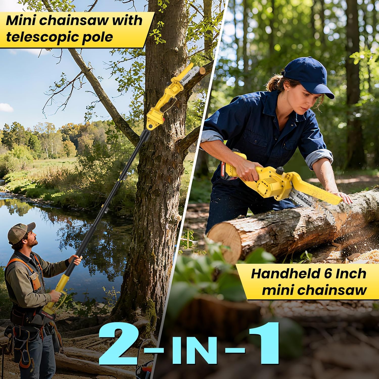 2-in-1 Electric Pole Saws for Tree Trimming, 6 Inch Mini Chainsaw Cordless with Extension Pole, Battery Powered Pole Chain Saw, Tree Trimmer Limb Branch Cutter Pruner with 2 Battery