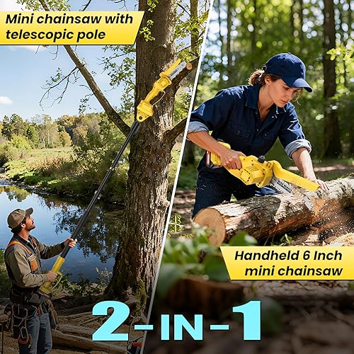 Miniatura 2 de Sierras de poste eléctricas 2 en 1 para recortar árboles, mini motosierra inalámbrica de 6 pulgadas con poste de extensión, sierra de cadena de