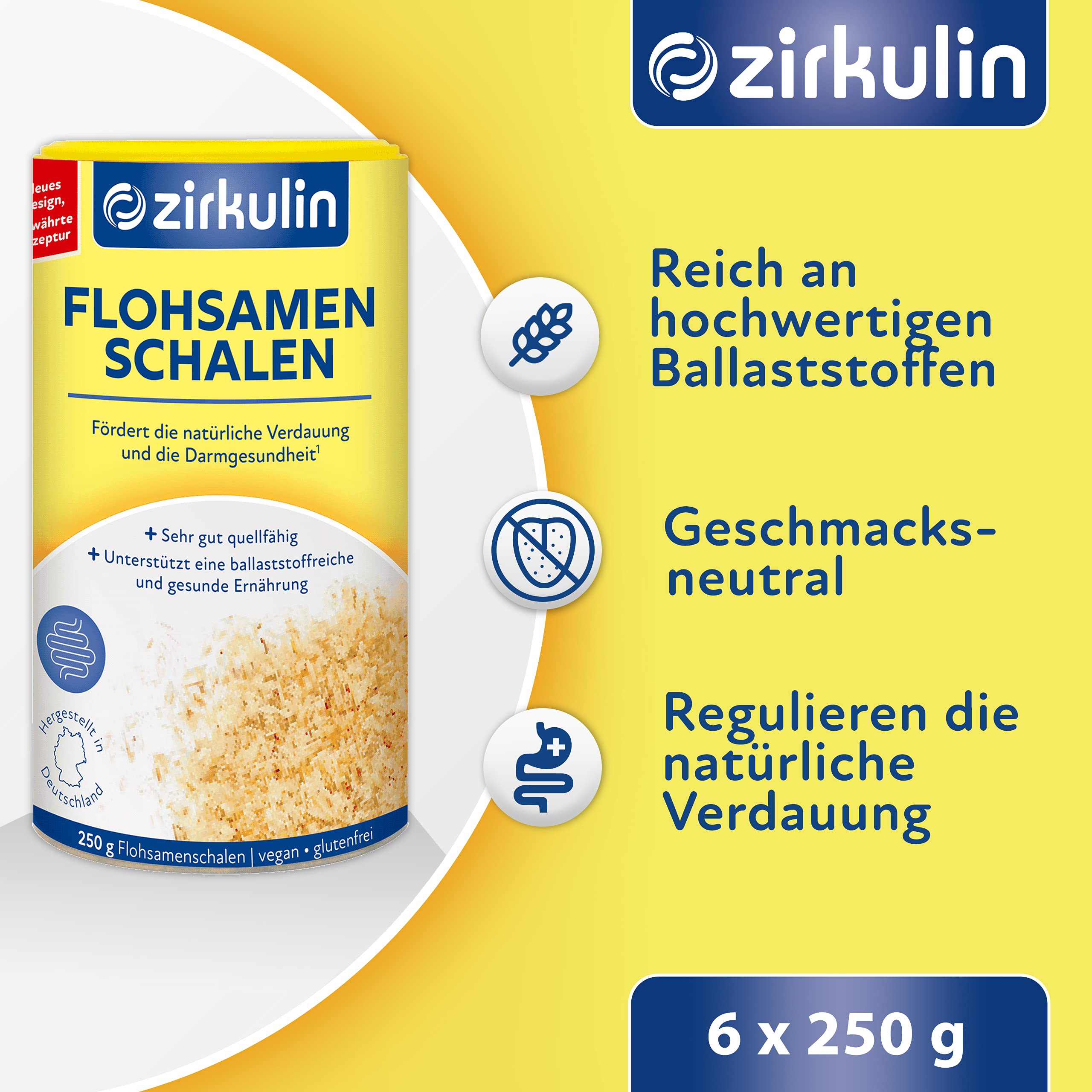 Zirkulin Flohsamenschalen, reich an hochwertigen Ballaststoffen, vegan, glutenfrei geschmacksneutrales Nahrungsergänzungsmittel zur Unterstützung der natürlichen Verdauung, (6 x 250g)